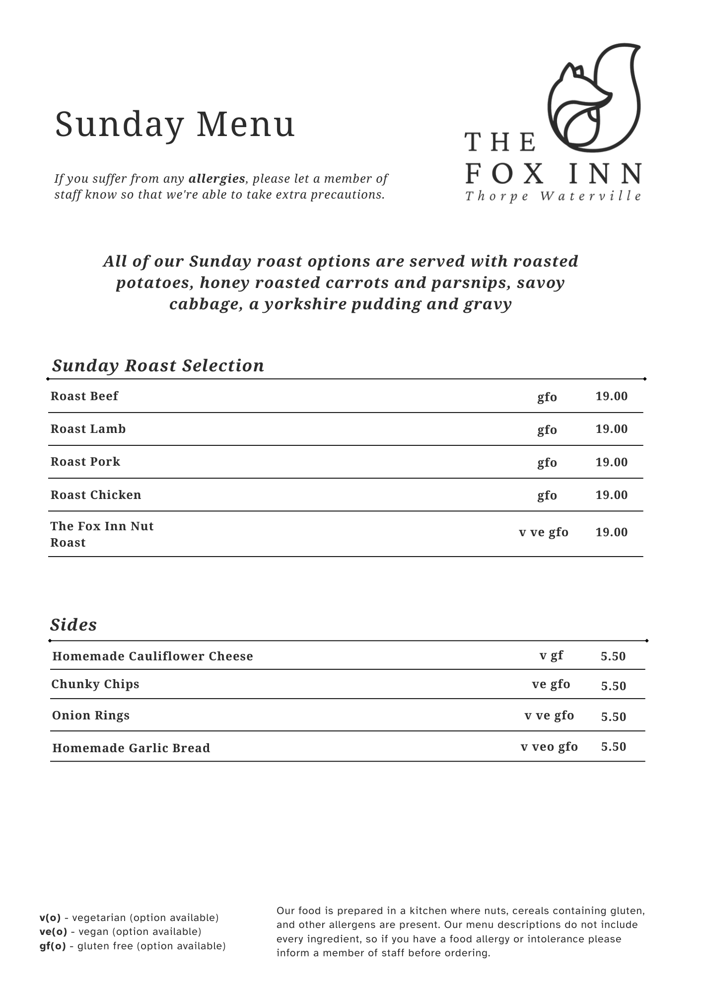 Sunday Menu