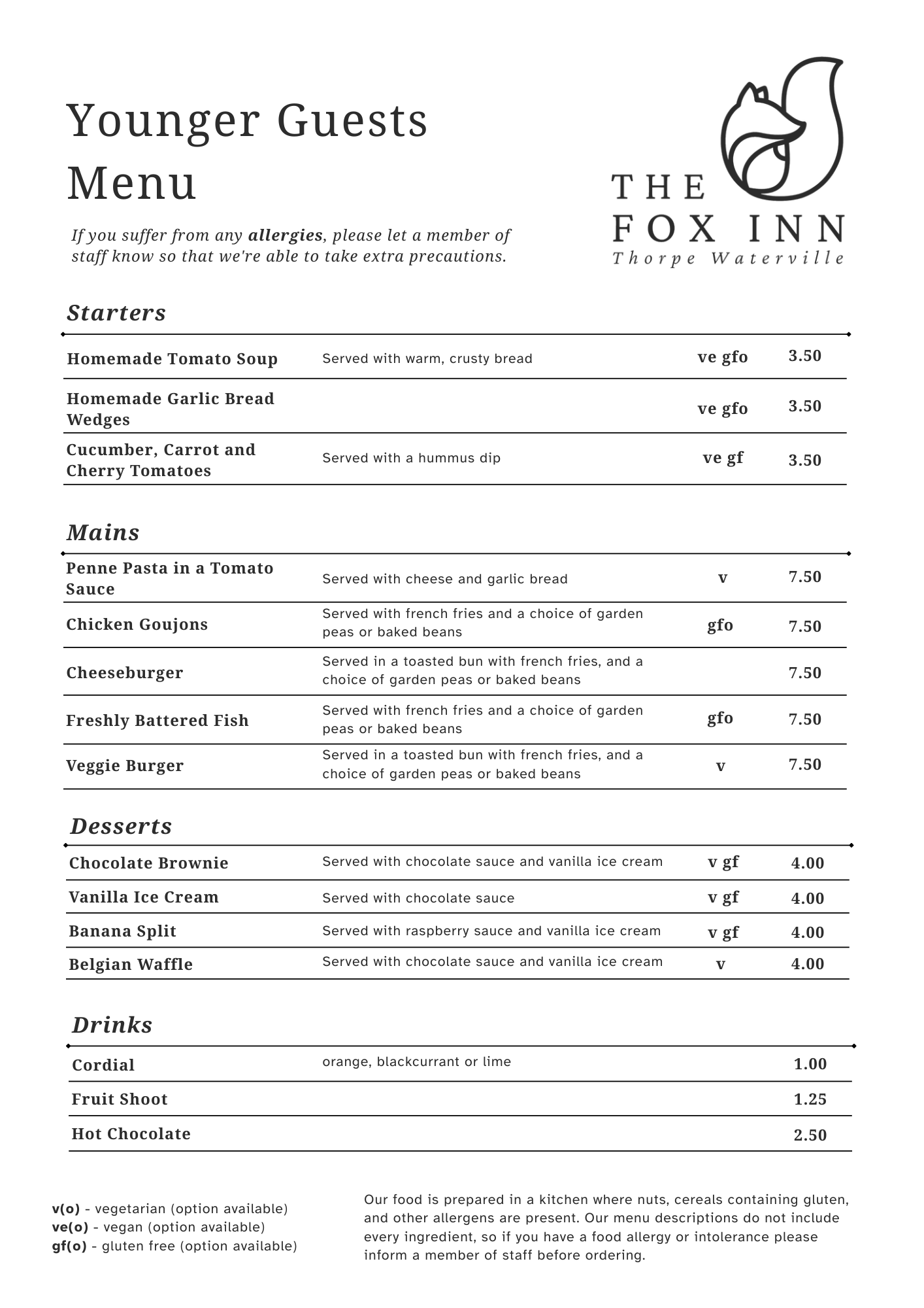 Younger Guests Menu