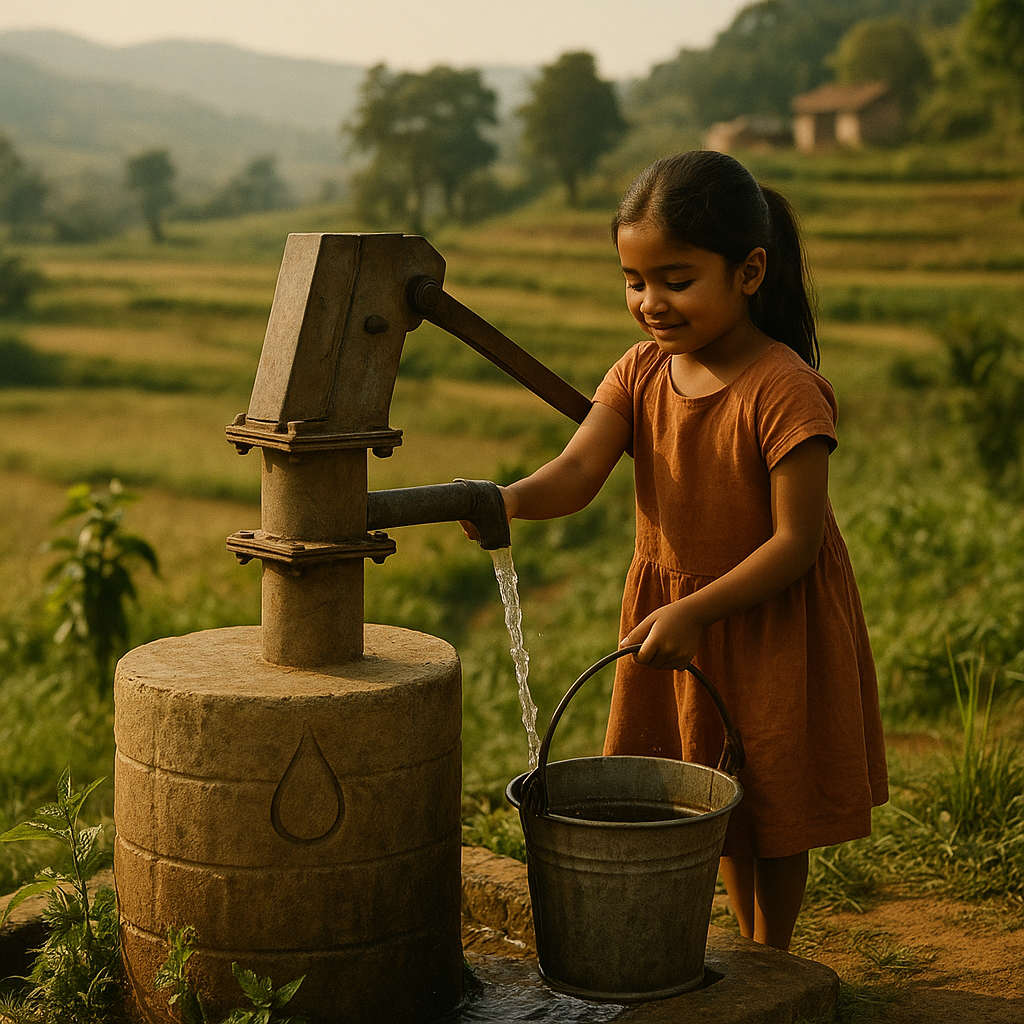 Young girl in a brown dress filling a bucket from a water pump in a rural, hilly landscape.
