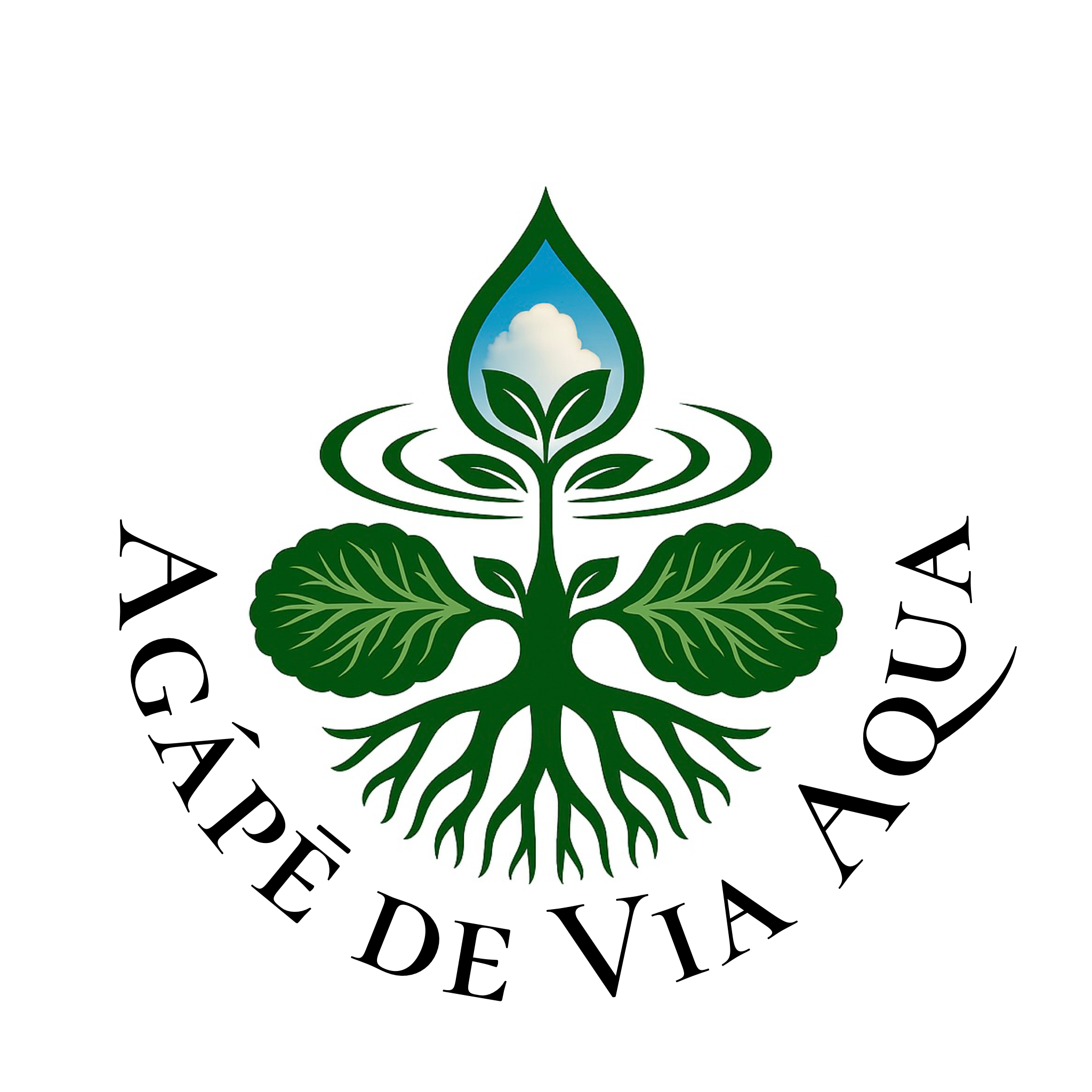 Logo with a green plant and roots, a blue water droplet with a cloud and sky inside, and the words 'ÀGAPE DE VIA AQUA' in black around the bottom.
