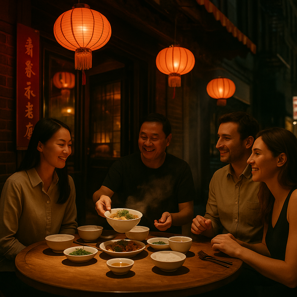 Group of four people enjoying a meal together at a restaurant with traditional Chinese red lanterns hanging from the ceiling.
