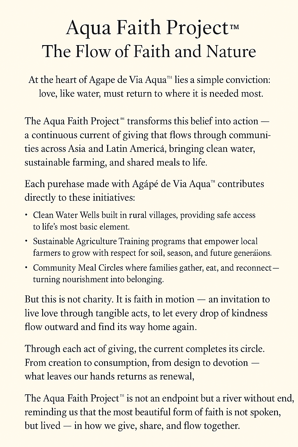 A printed informational card titled 'Aqua Faith Project: The Flow of Faith and Nature'. It describes the project’s mission to promote clean water, sustainable farming, and community sharing in Asia and Latin America through the sale of Aqua Faith products.