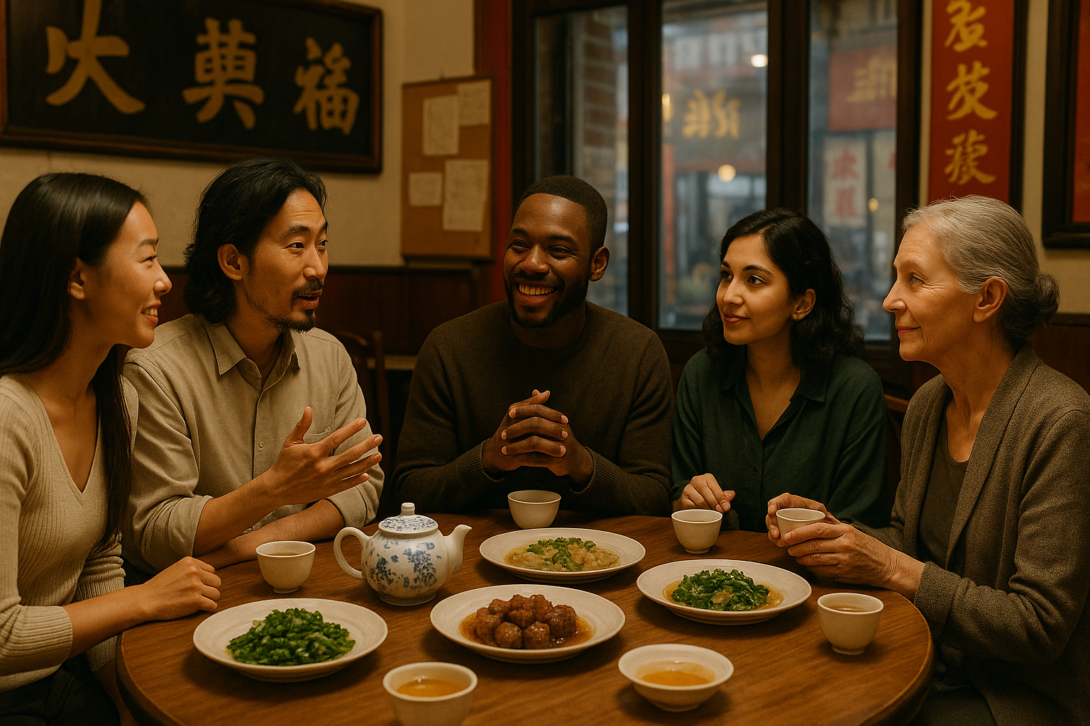 A diverse group of five people, three women and two men, enjoying a meal together at a restaurant decorated with Asian artwork and calligraphy.