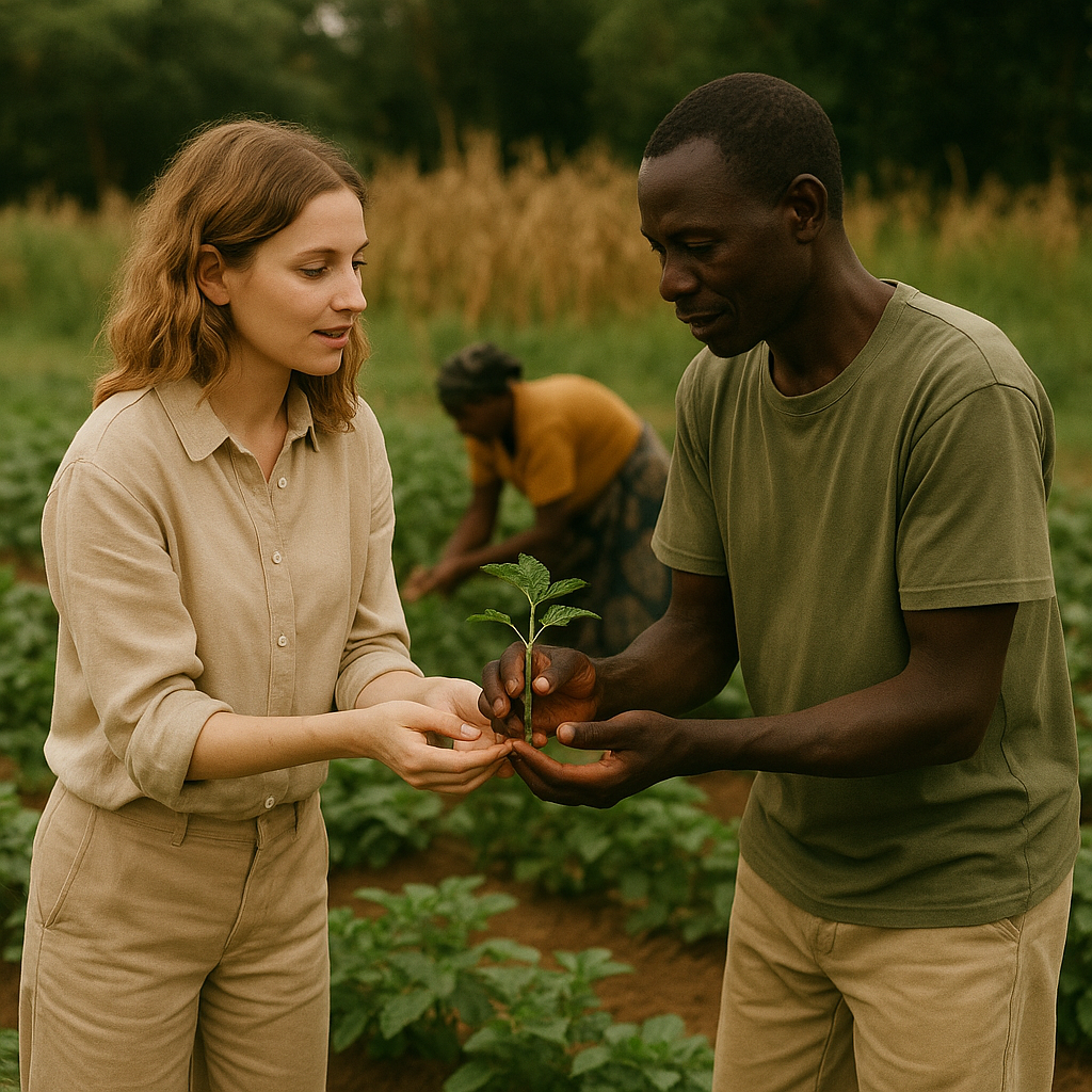 A woman and a man exchanging a young plant in a field, with another person working in the background.