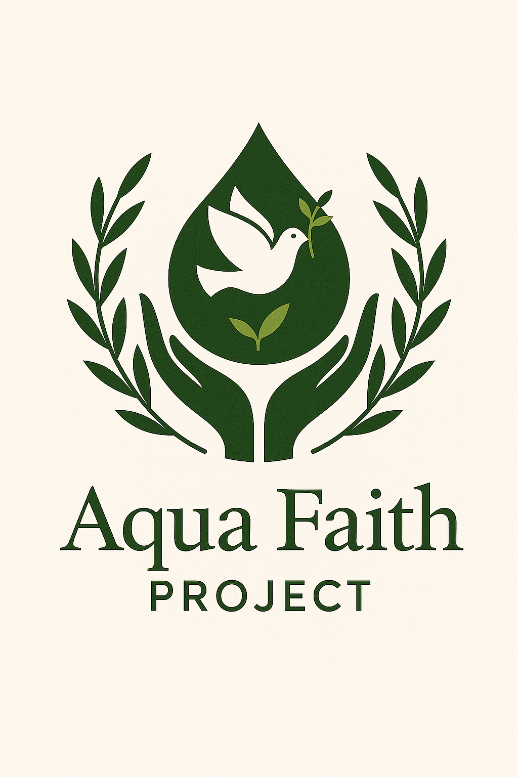 Logo for Aqua Faith Project featuring a white dove holding an olive branch inside a green water droplet, surrounded by green laurel leaves, with the text 'Aqua Faith Project' below.