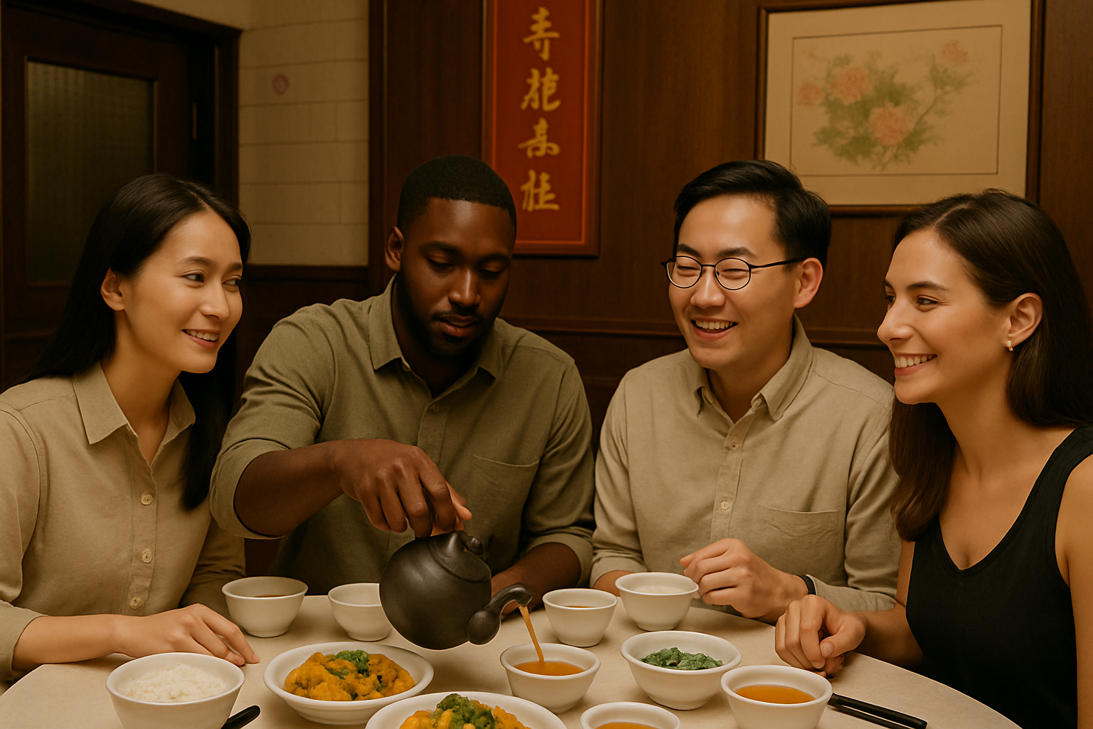 Four diverse people enjoying a meal together at a Chinese restaurant, with dishes including rice, vegetable curry, and soup on the table.