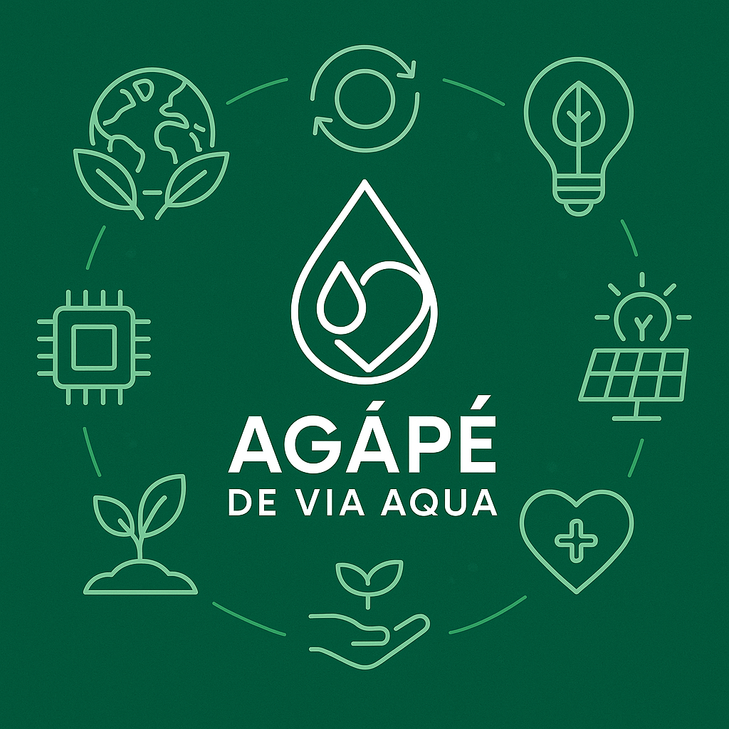 Green background with white line icons representing water, nature, and sustainability. In the center, there is a drop shape with a water droplet and a leaf inside. Below, the text says 'AGÁPE DE VIA AQUA'.