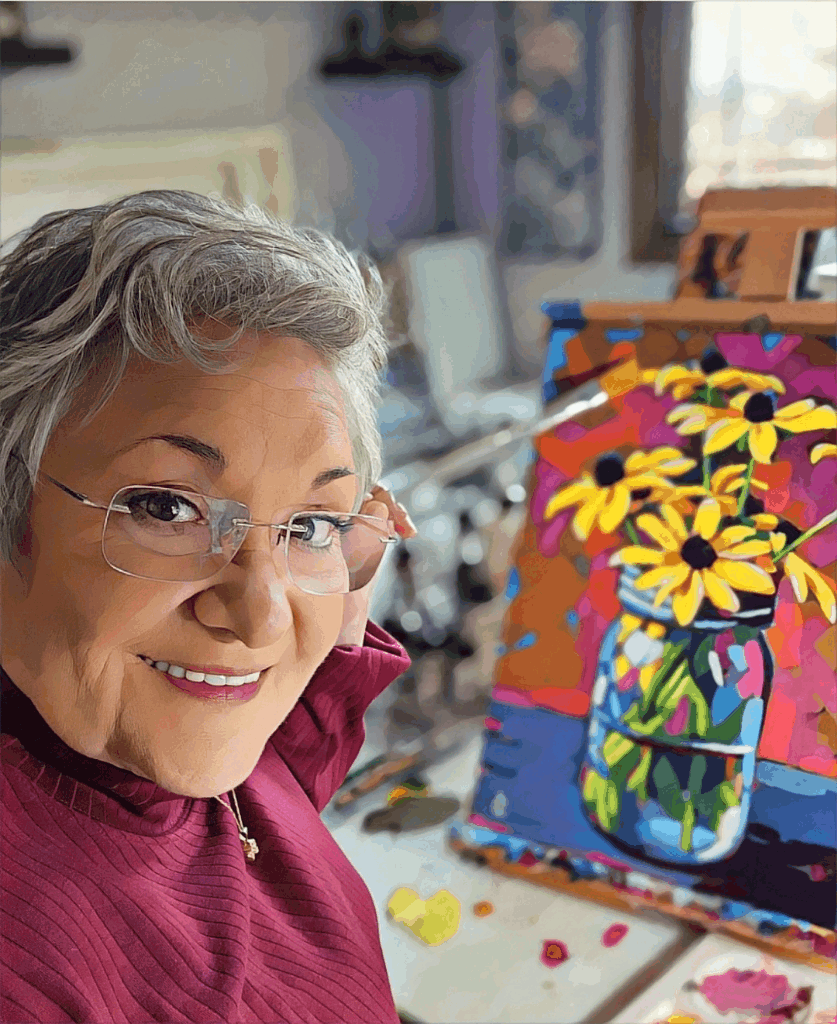 A woman with gray hair, glasses, and a maroon shirt smiling in a studio, with a colorful painting of yellow flowers in a jar on an easel behind her.