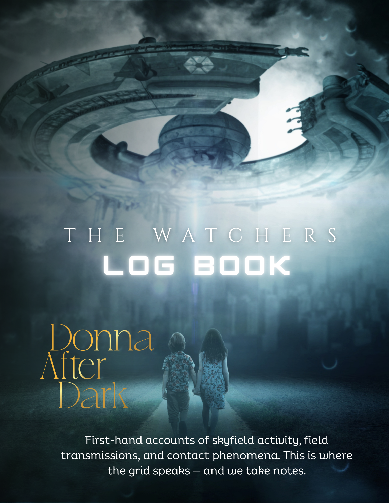 Donna Colonna observing the night sky with camera in hand, documenting real-time sightings and energetic patterns in the Donna After Dark Watchers Log Book.