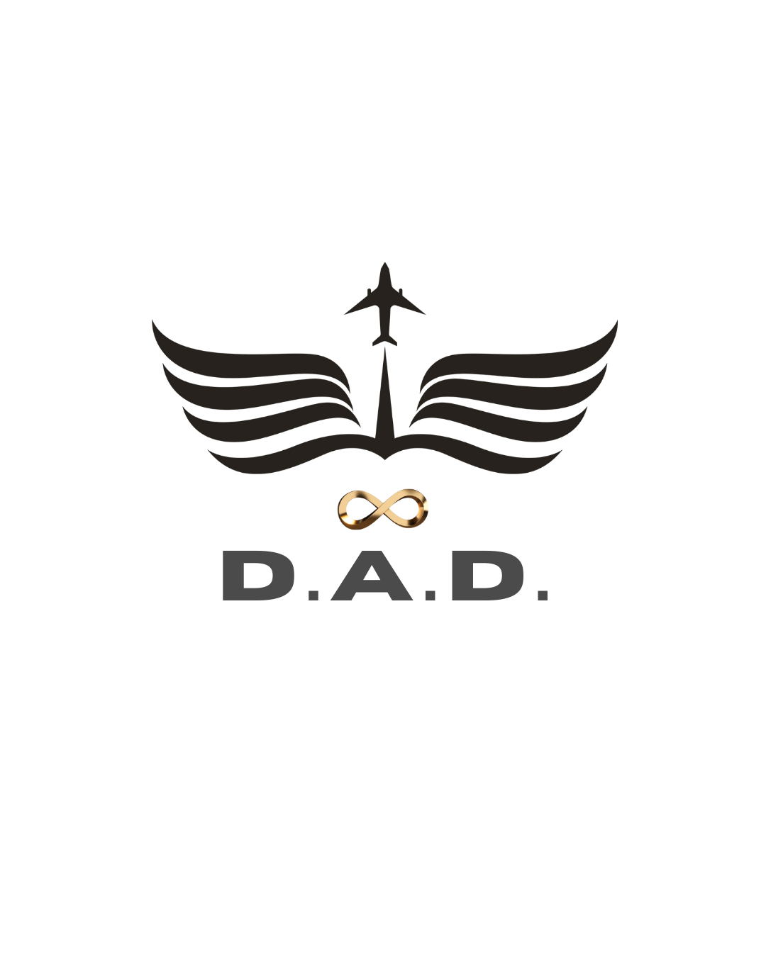 A stylized logo featuring an airplane, an open book, and a medical caduceus symbol with a gold infinity loop, set against a black background with red and gray accents.
