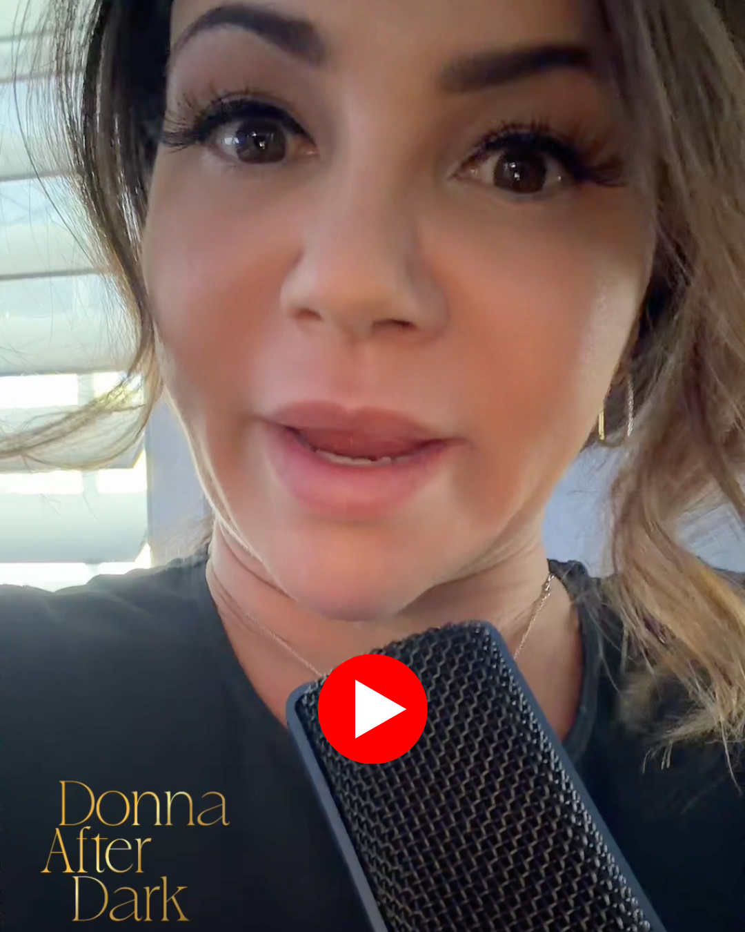 Close-up of Donna with black mic; Donna After Dark branded thumbnail.