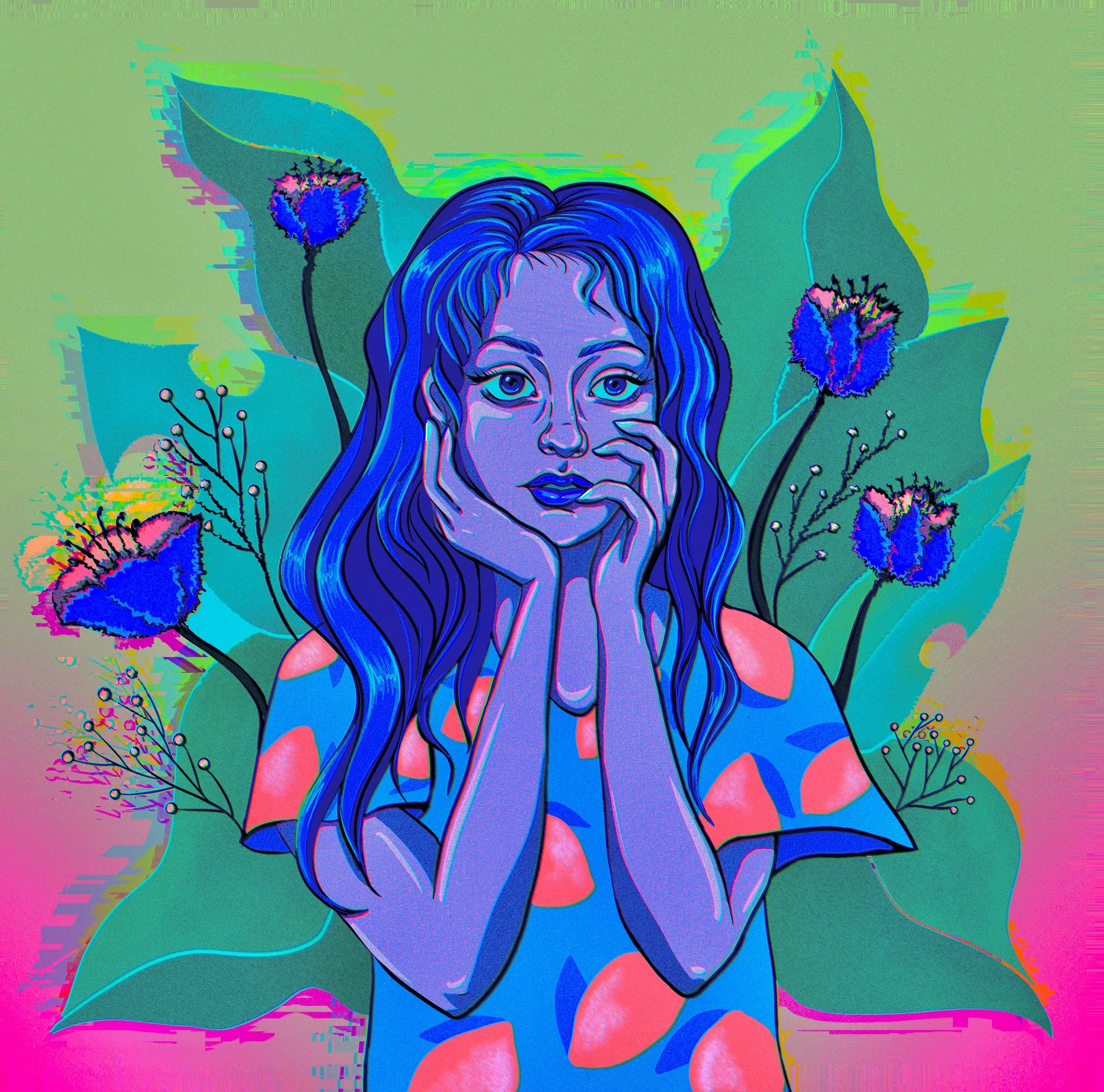 Digital illustration of a woman with long blue hair, wearing a polka dot shirt, surrounded by large colorful leaves and flowers, with a vibrant pink and green background.
