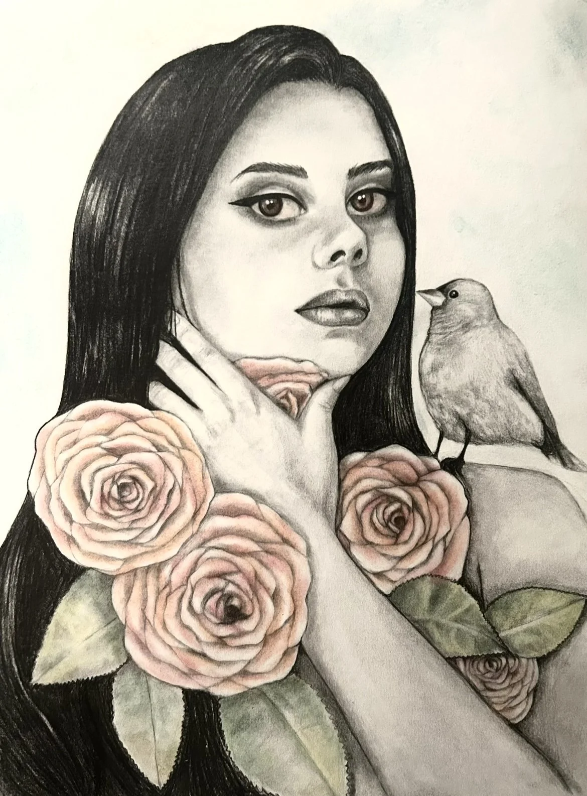 A black-and-white portrait drawing of a woman with long dark hair, surrounded by pink roses and a bird perched on her shoulder.