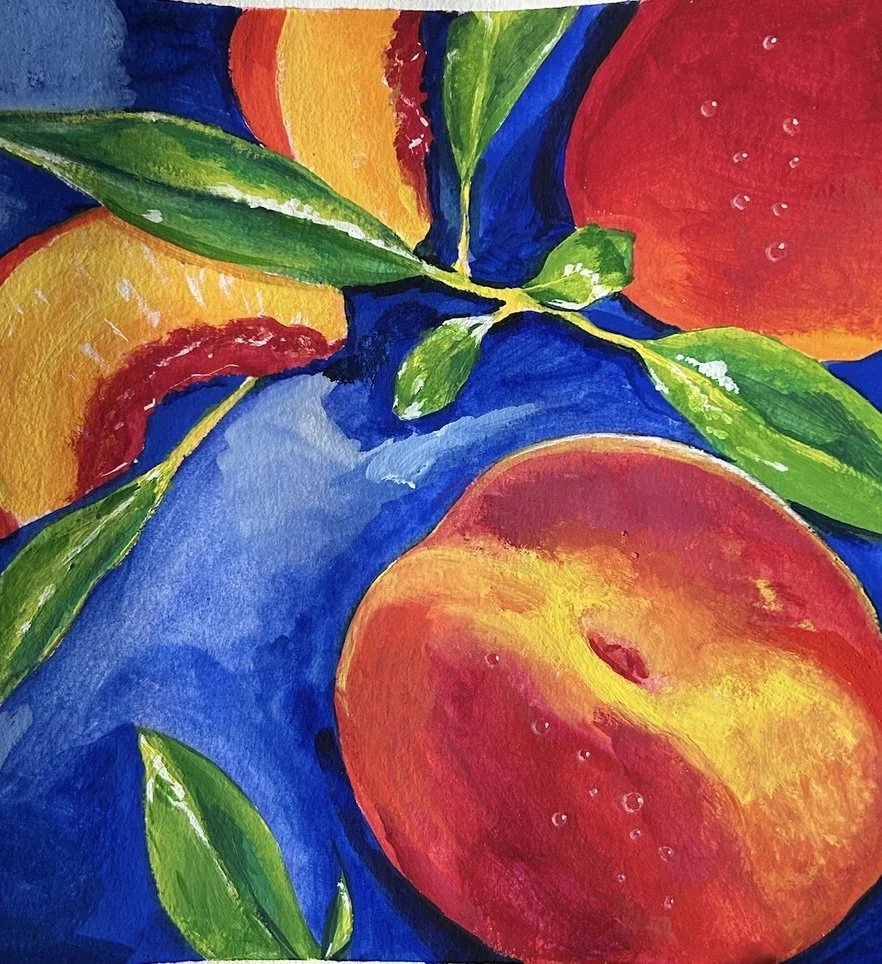 A colorful painting of peaches with green leaves against a blue background.