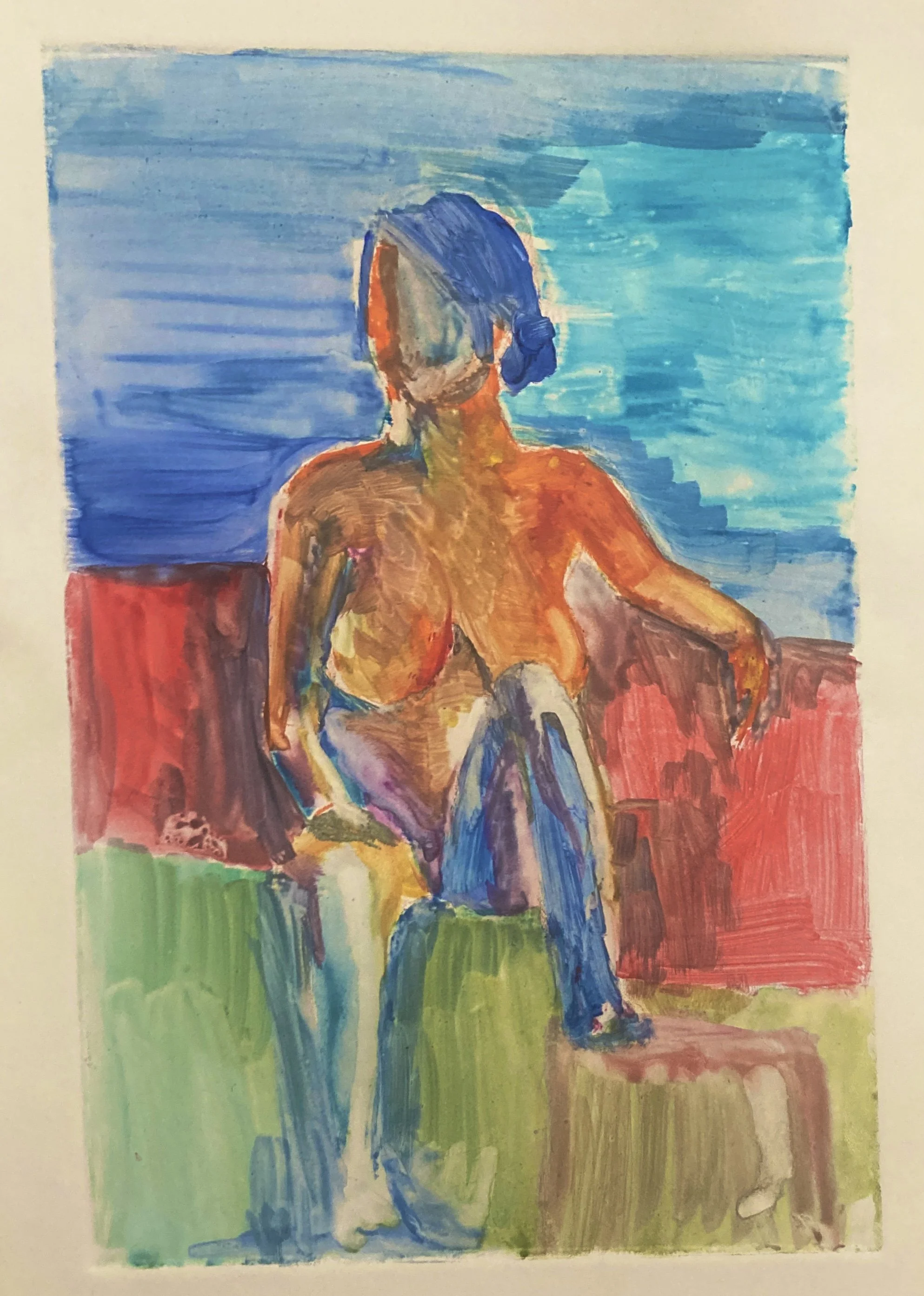 An abstract watercolor painting of a nude woman with blue hair sitting on a chair against a colorful background of blue, red, and green.
