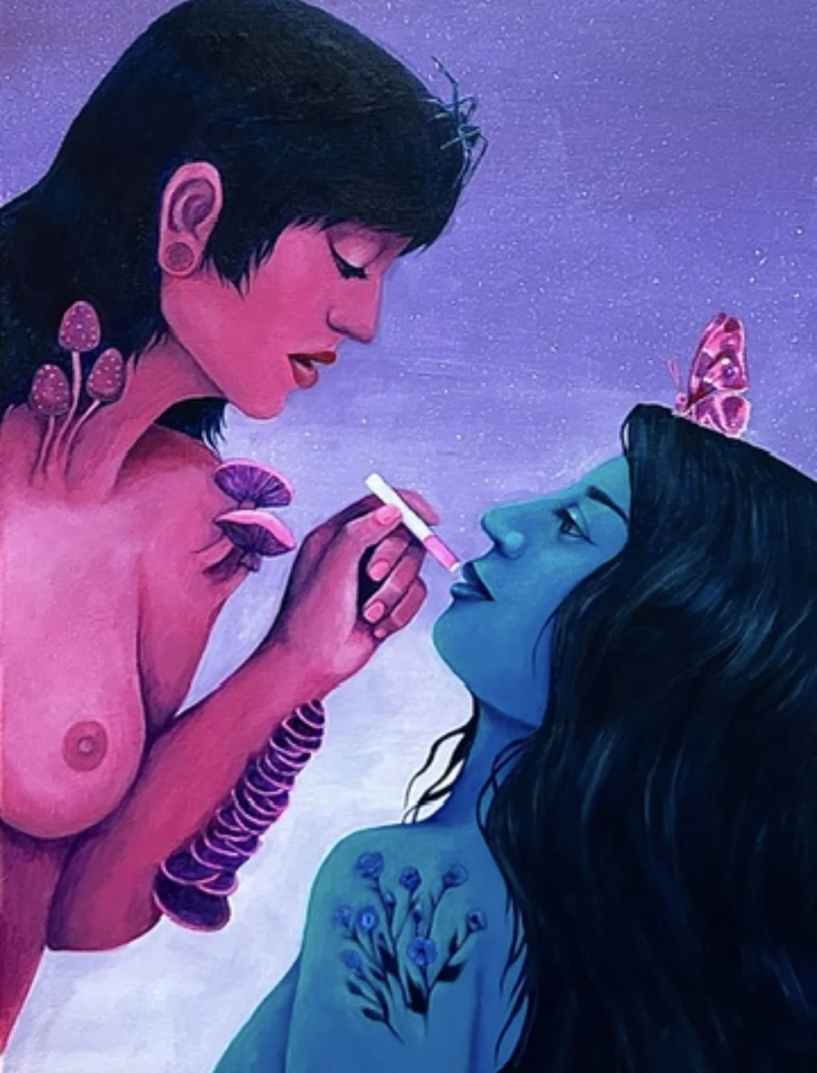 Painting of two women, one with pink skin and black hair, applying lipstick to the other woman with blue skin and long black hair. The woman with pink skin has mushrooms and plants on her shoulder and arm, while the woman with blue skin has flower ta