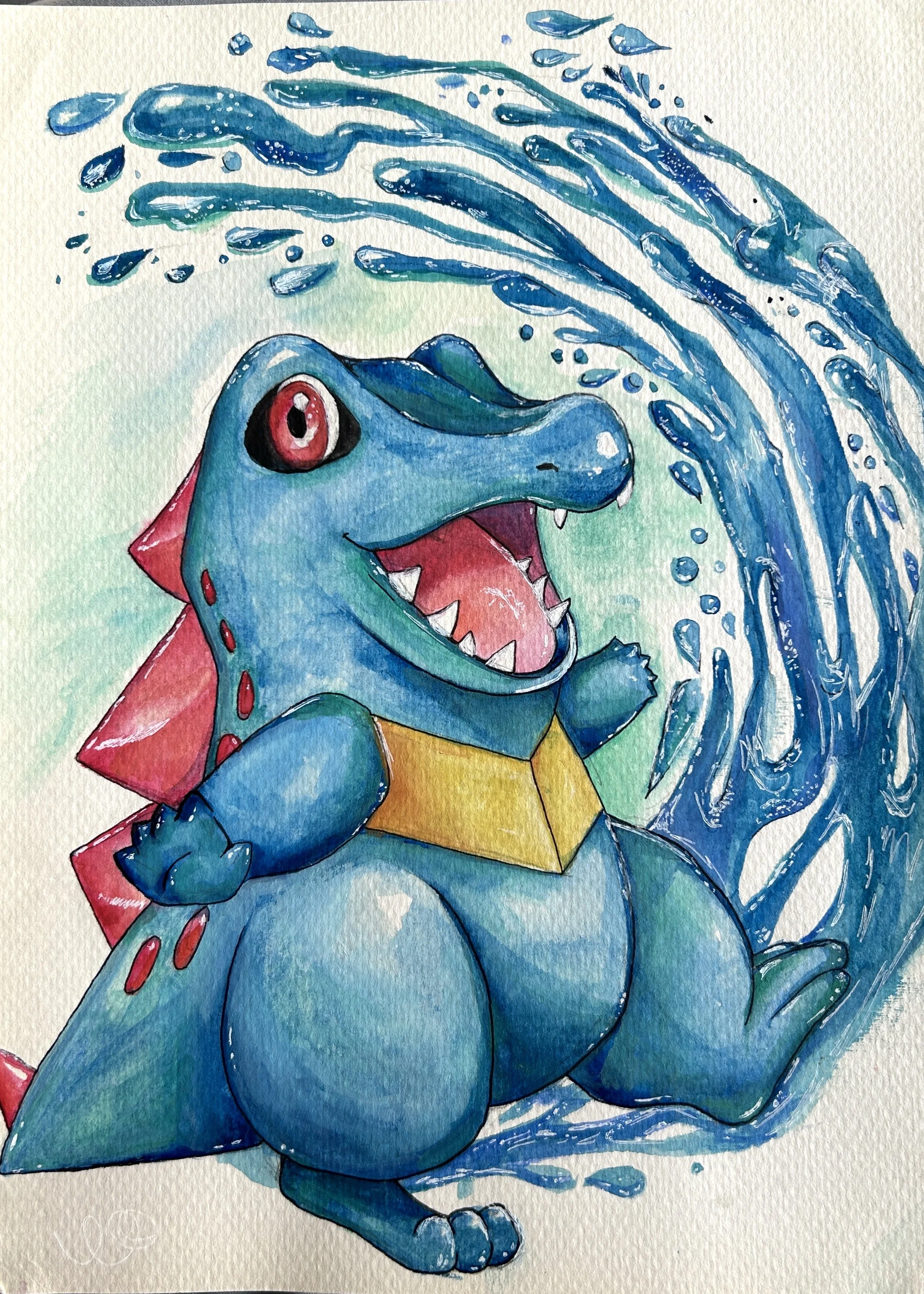 A colorful illustration of a cartoon dinosaur with blue skin, red crest, and a yellow chest, smiling with sharp teeth, standing in front of a large water splash.