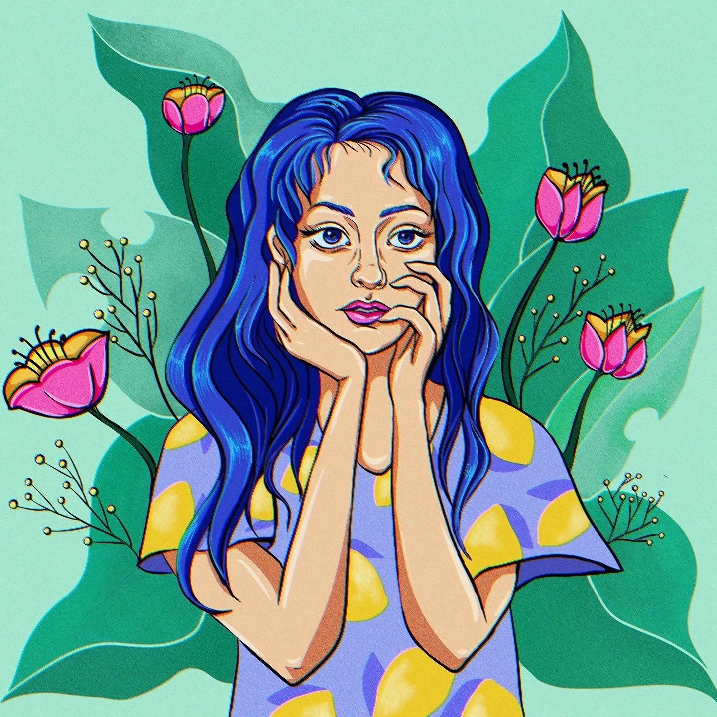 A colorful digital illustration of a woman with long blue hair, wearing a purple dress with yellow lemon patterns. She is resting her chin on her hands, surrounded by pink flowers and green leaves.