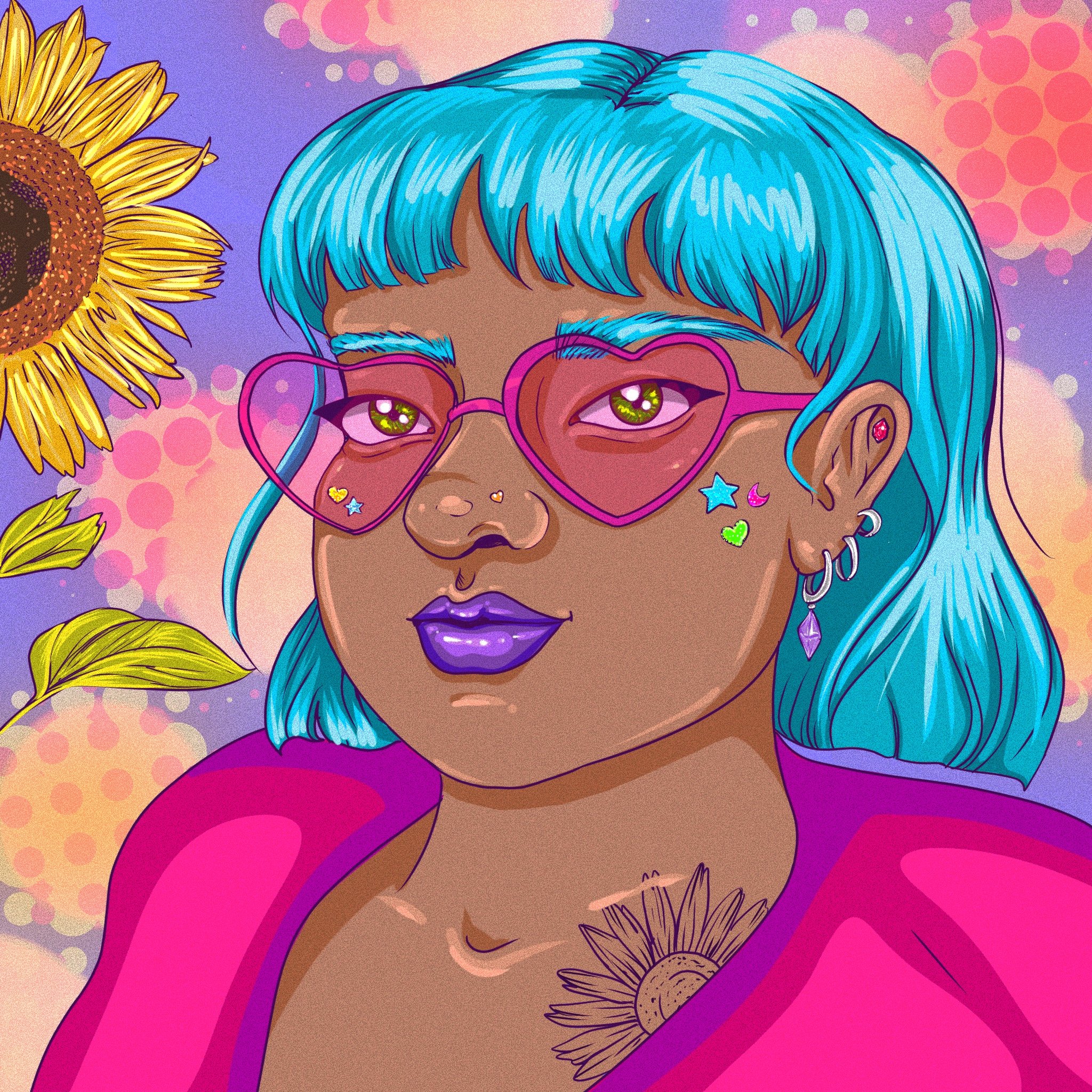 A digital illustration of a woman with brown skin and bright blue hair. She wears pink heart-shaped sunglasses, purple lipstick, and has various small colorful star, moon, and heart stickers on her face. She has multiple earrings, including hoops and