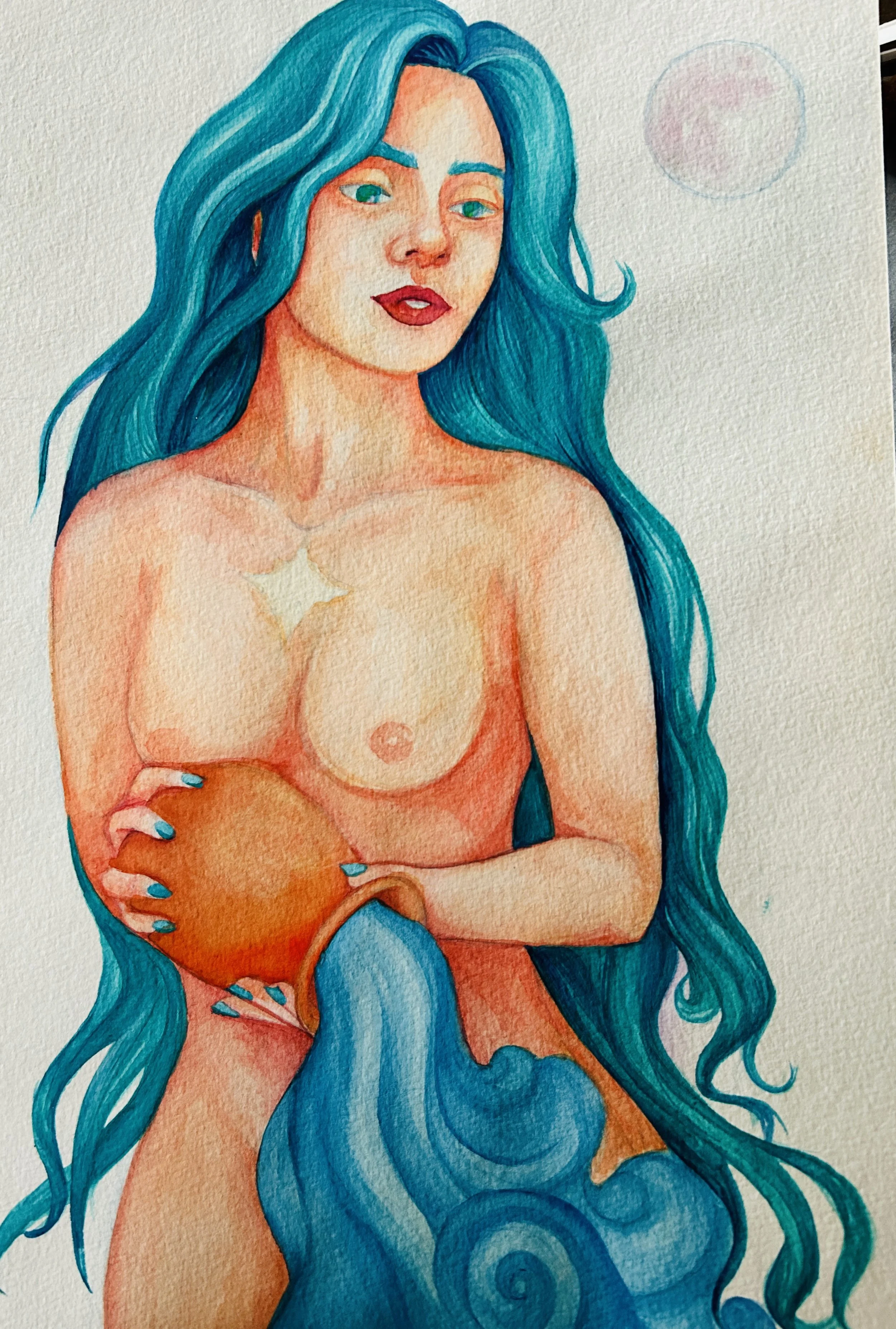 A watercolor painting of a woman with long, flowing blue hair, holding a pumpkin close to her chest. She has a star-shaped sparkle on her shoulder, and her expression is serene. The background is plain with a faint circular shape in the upper right c