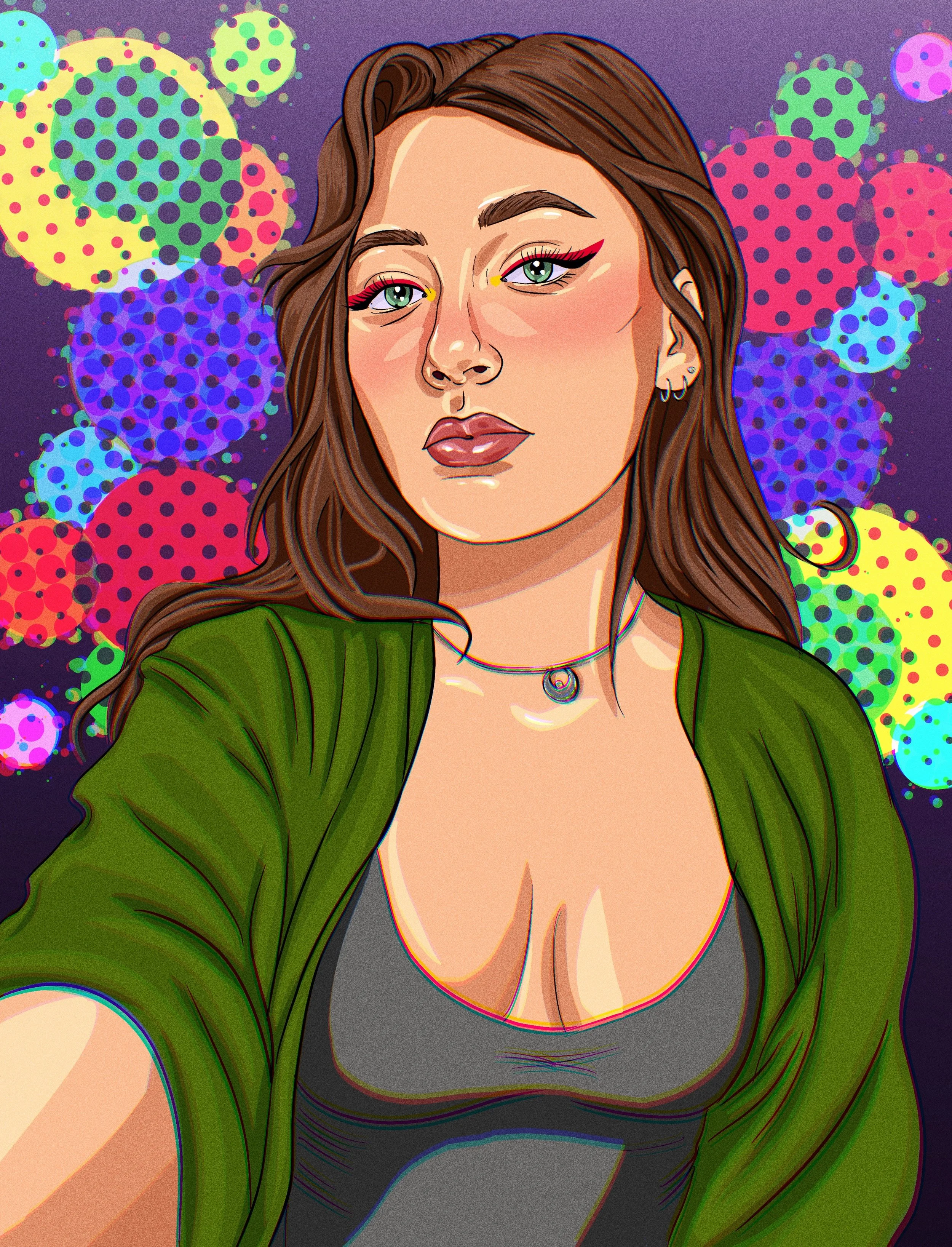 Digital illustration of a woman with long brown hair, wearing makeup with red eyeliner and pink lipstick, a green jacket over a grey top, and jewelry including a necklace and earrings. The background features colorful, abstract, dotted circles in var