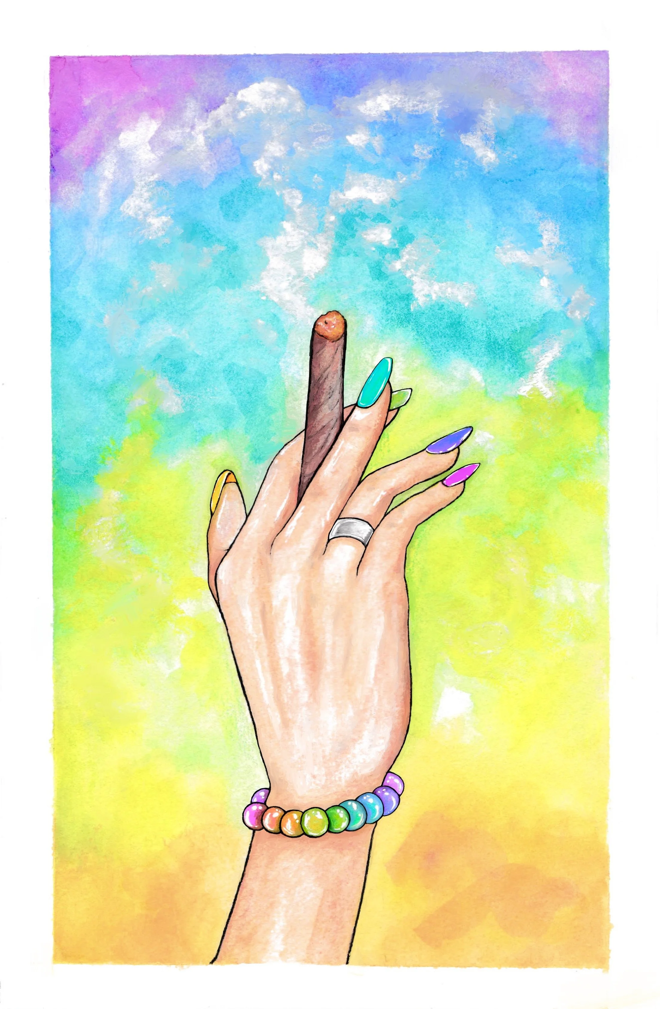 An artist's illustration of a hand with colorful painted nails, wearing a rainbow-colored beaded bracelet and a silver ring, against a vibrant, pastel rainbow watercolor background.