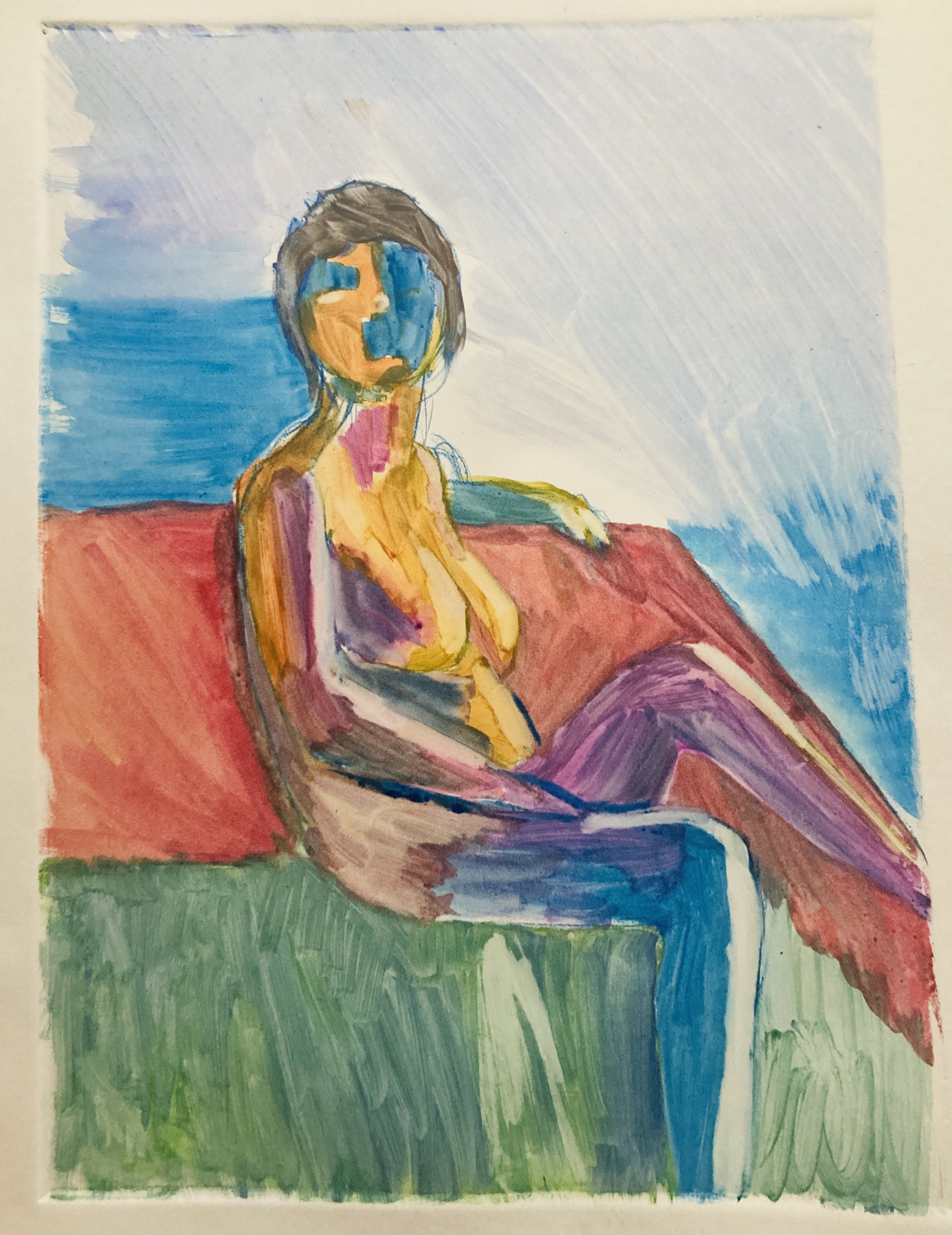 An abstract watercolor painting of a woman sitting on a red couch with a blue sky background.