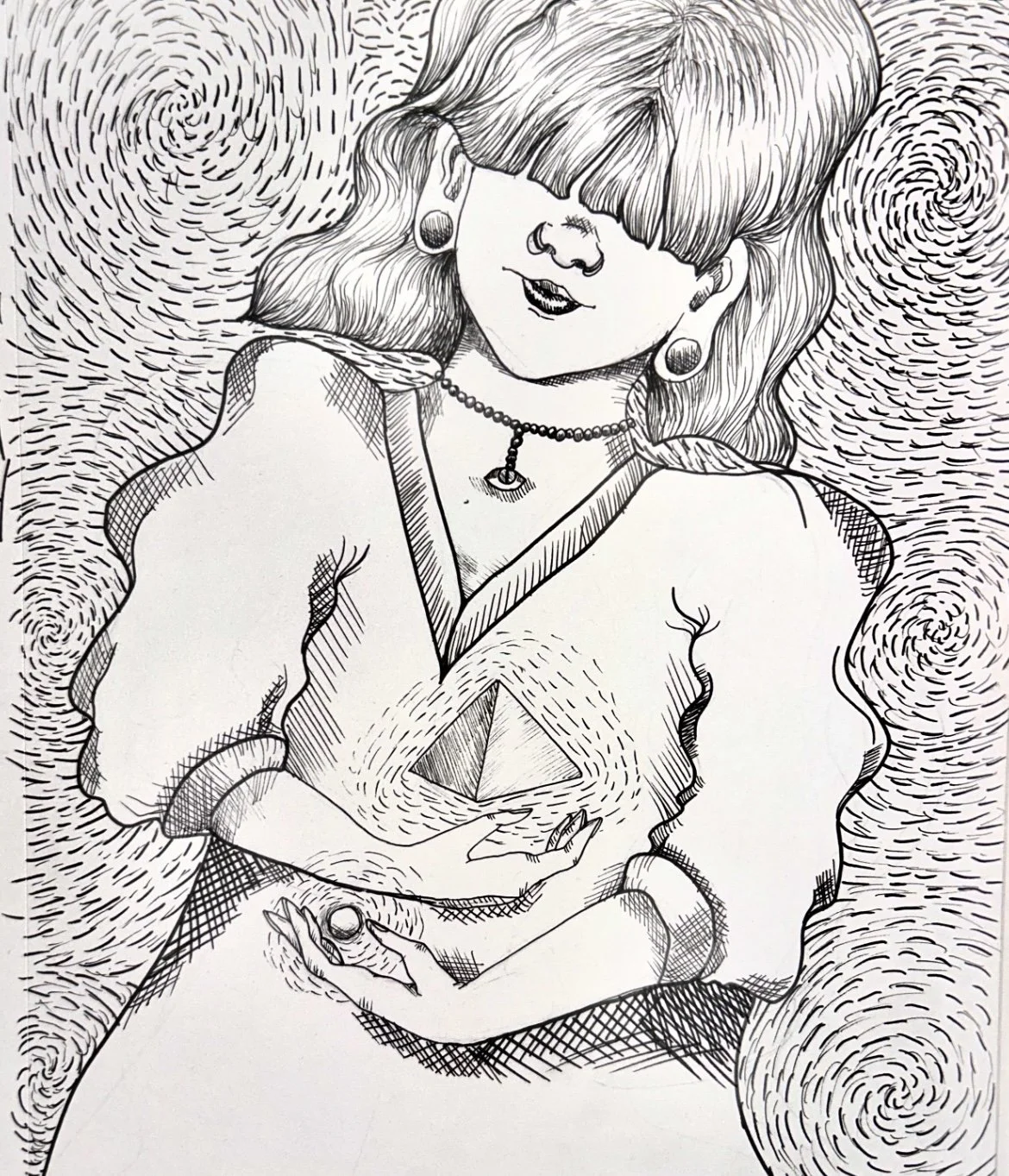 A black-and-white line drawing of a woman with tattoos, earrings, and jewelry, holding a pyramid inside her hand. The background features swirling patterns.