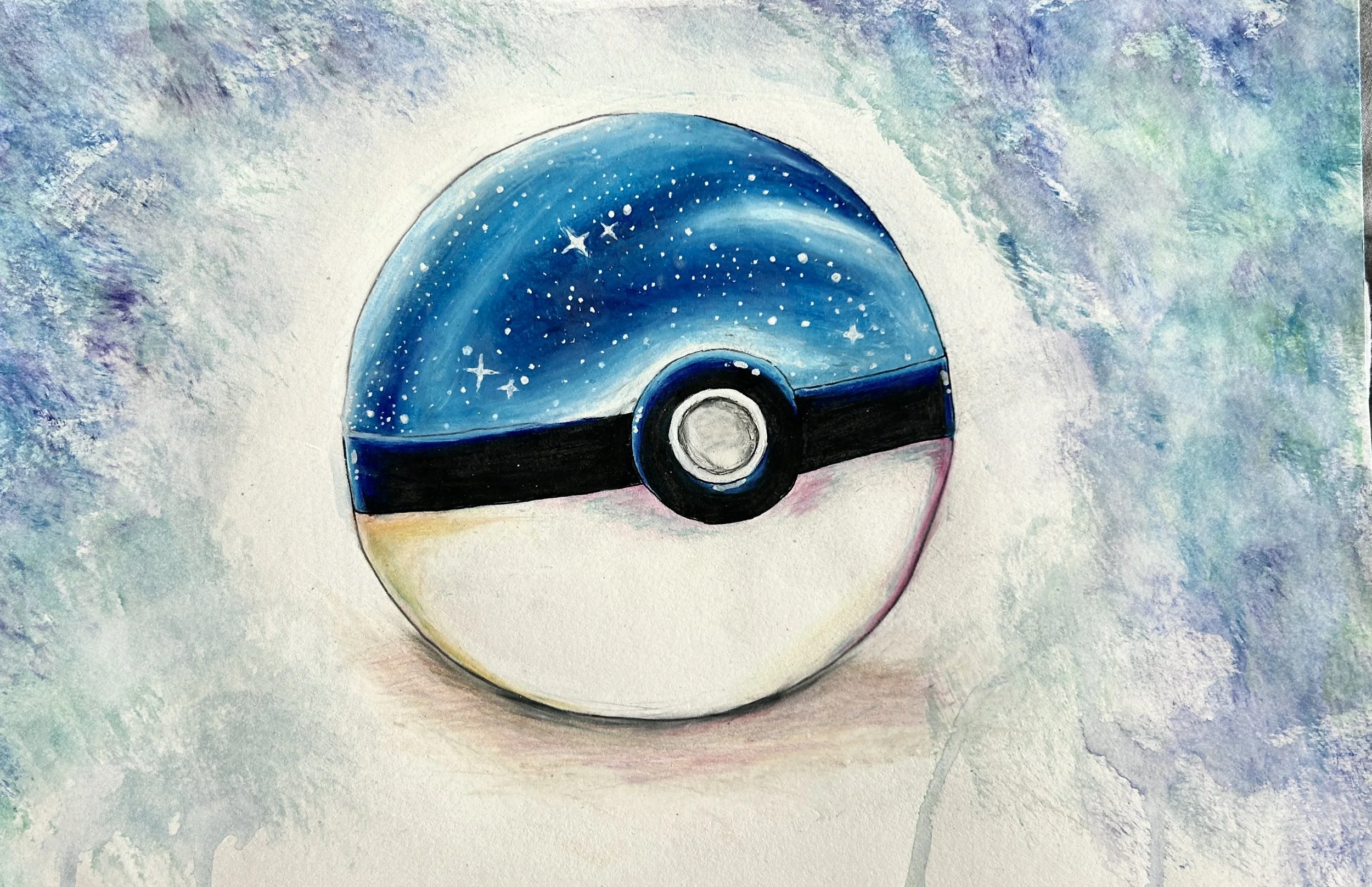 Painted Pokémon Poké Ball featuring a galaxy and starry sky design on the top half, with a black band and a white bottom half, illustrated on textured paper.