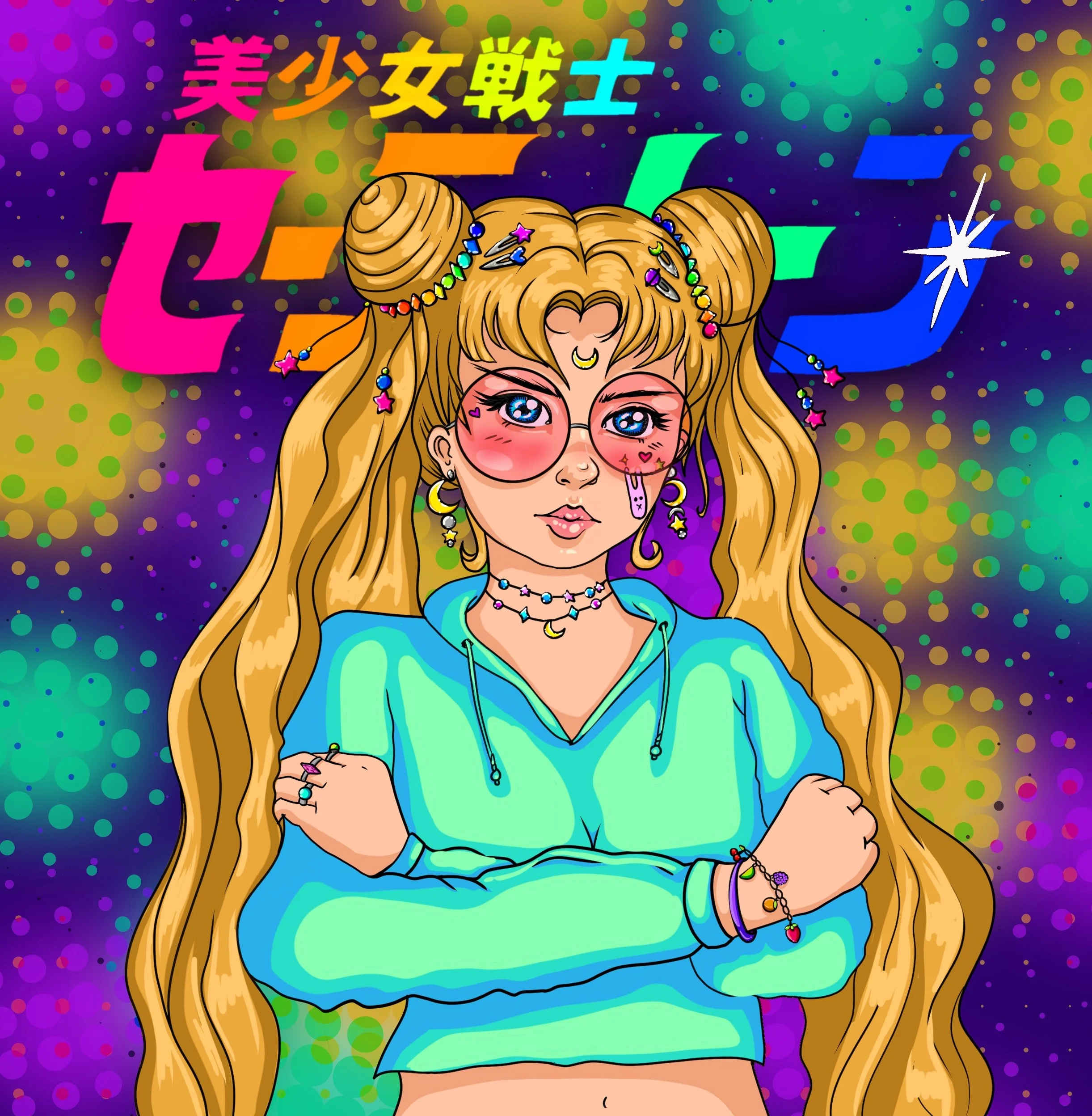 Digital illustration of a girl with long, flowing blonde hair styled in buns, wearing colorful accessories and pink-tinted glasses. She has a crescent moon on her forehead and is crossing her arms in front of her chest. The background is vibrant with