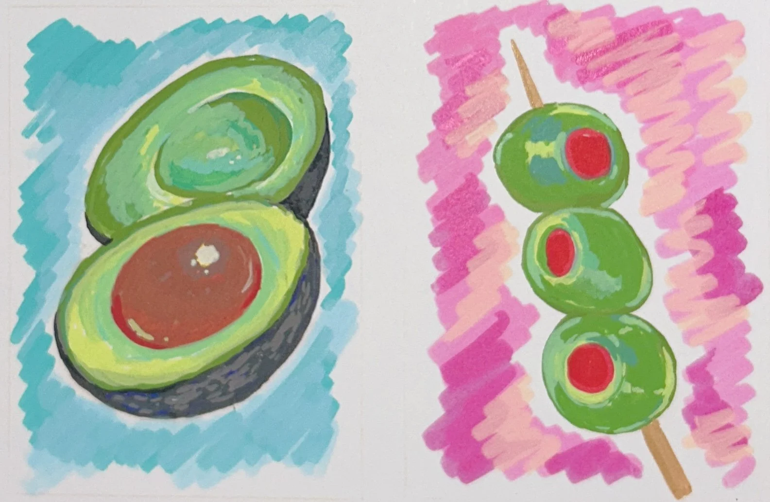 Colorful drawing of an avocado cut in half on the left and a skewer of three green olives with red pimentos on the right, with pink background accents.