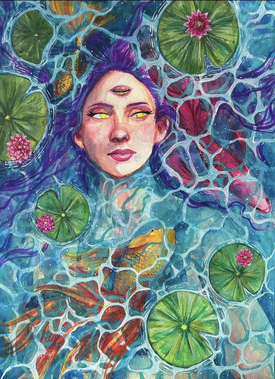 A surreal watercolor painting depicts a woman's face with purple hair floating in water among lily pads, pink water lilies, and a yellow koi fish, with a third eye on her forehead and glowing yellow eyes.