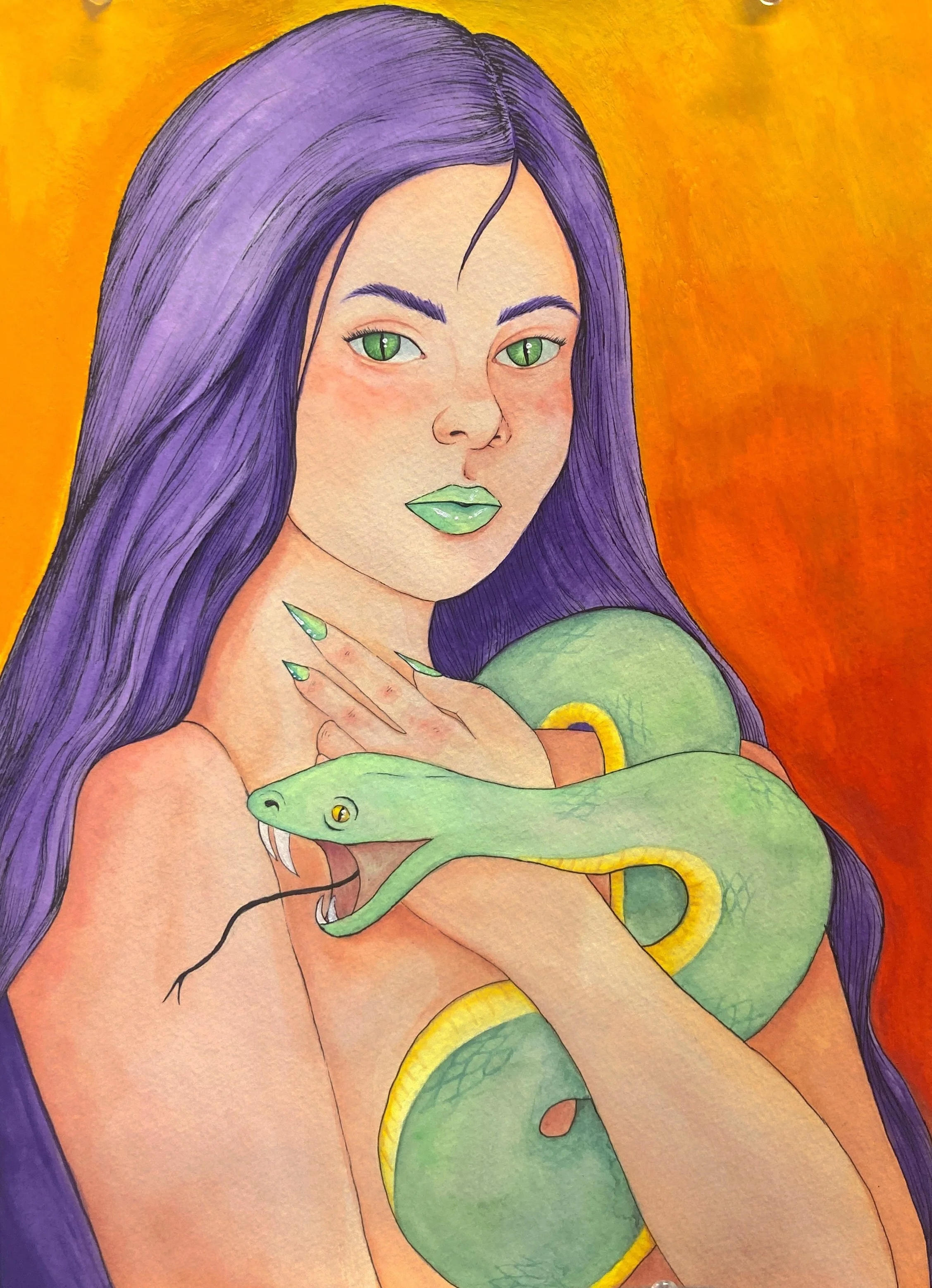 A woman with long purple hair and green eyes holding a green snake with yellow accents around her shoulders. The woman has shiny green lipstick, teal and pink eyeshadow, and light skin. The background is a vibrant blend of orange and red.
