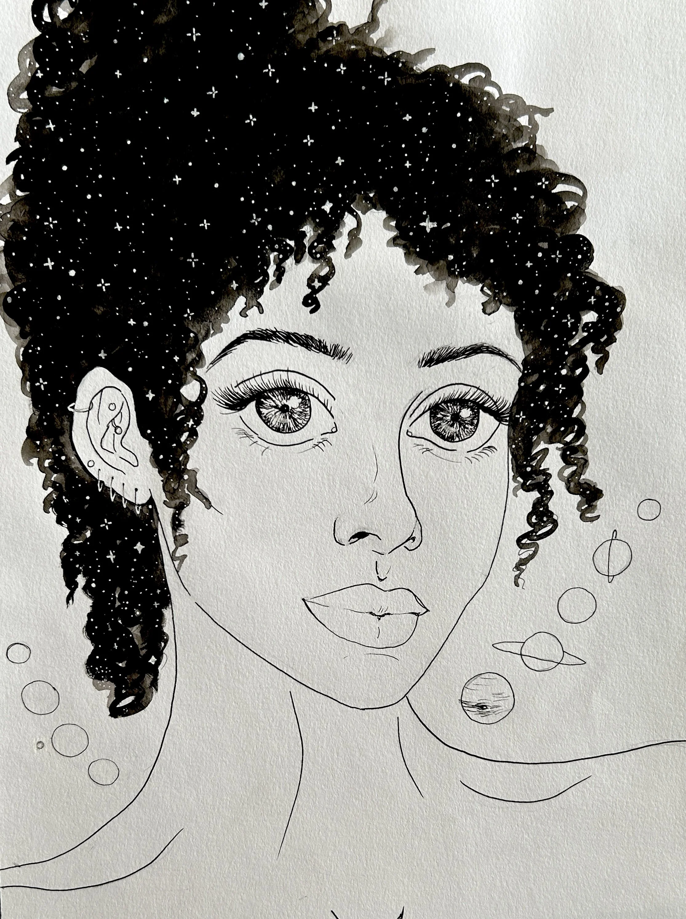 A black and white illustration of a woman with curly, starry hair, large detailed eyes, and full lips, with space-themed elements around her.