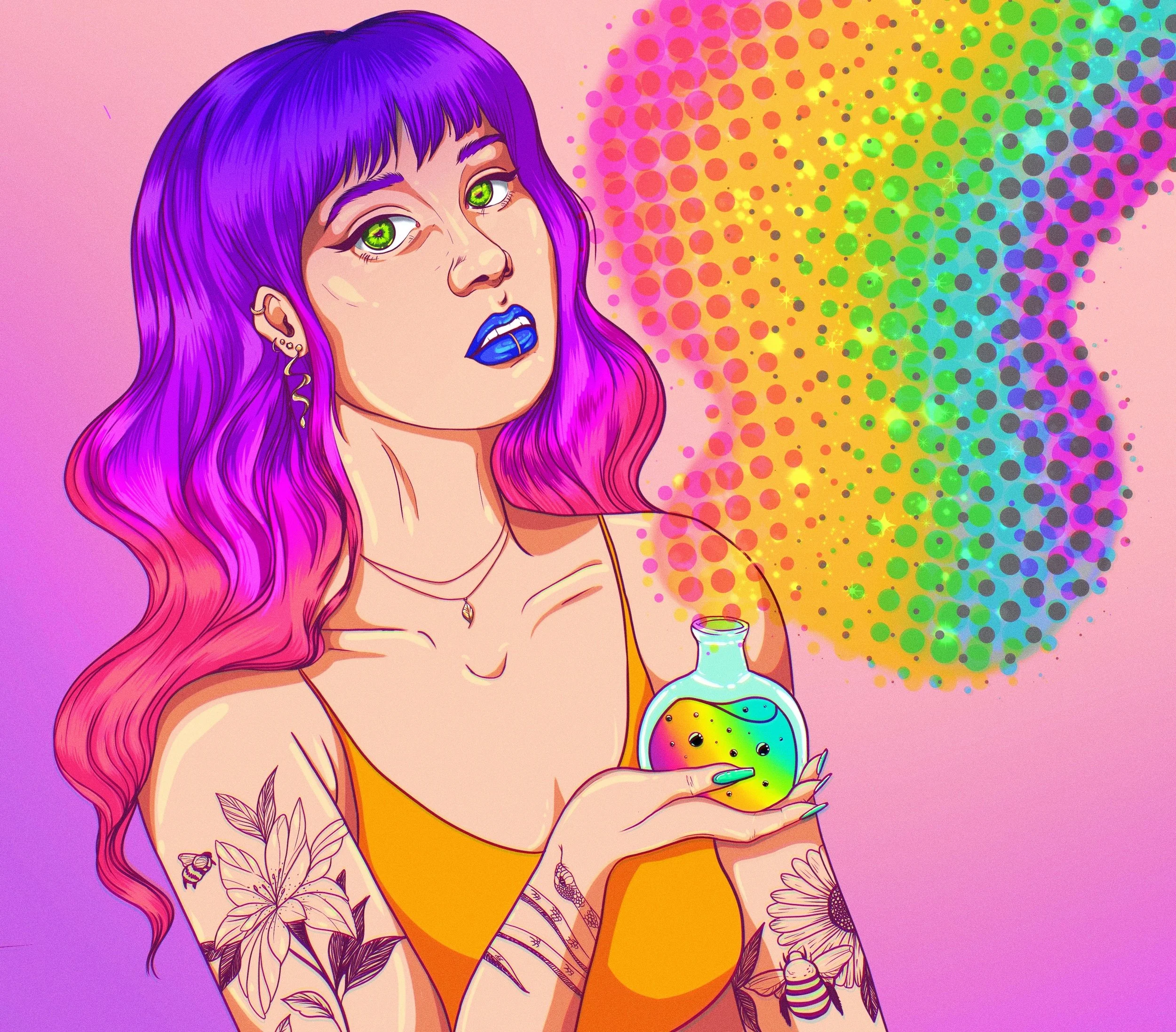 Digital illustration of a young woman with vibrant purple and pink wavy hair, green eyes, and blue lipstick, holding a rainbow-colored potion with swirling rainbow vapor in front of a pink background.
