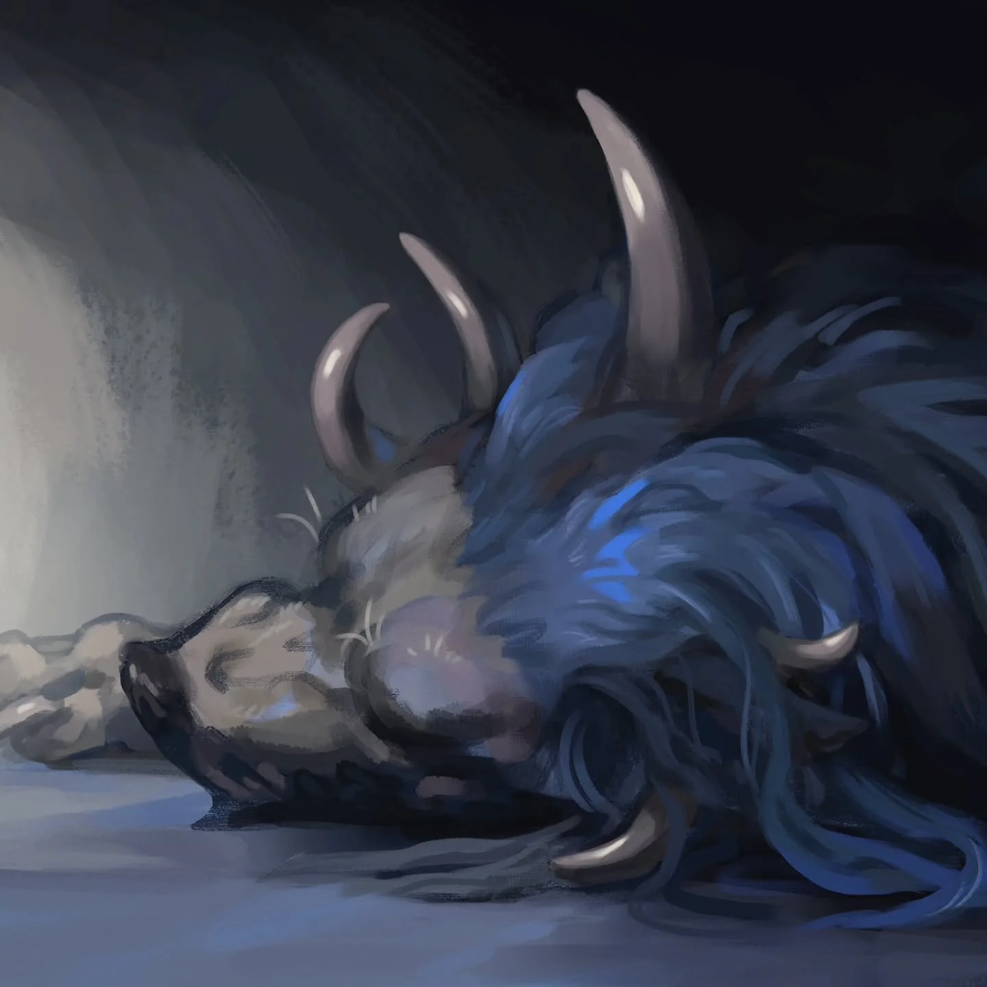 I call this one 'Sin Slumbereth'

Long lay the beast unstirred and unheard, its heavy breaths puncturing the air with a putrid stench. Many curious and careless travellers had aforetime paid the price by wandering into its lair. In vain stood the sig