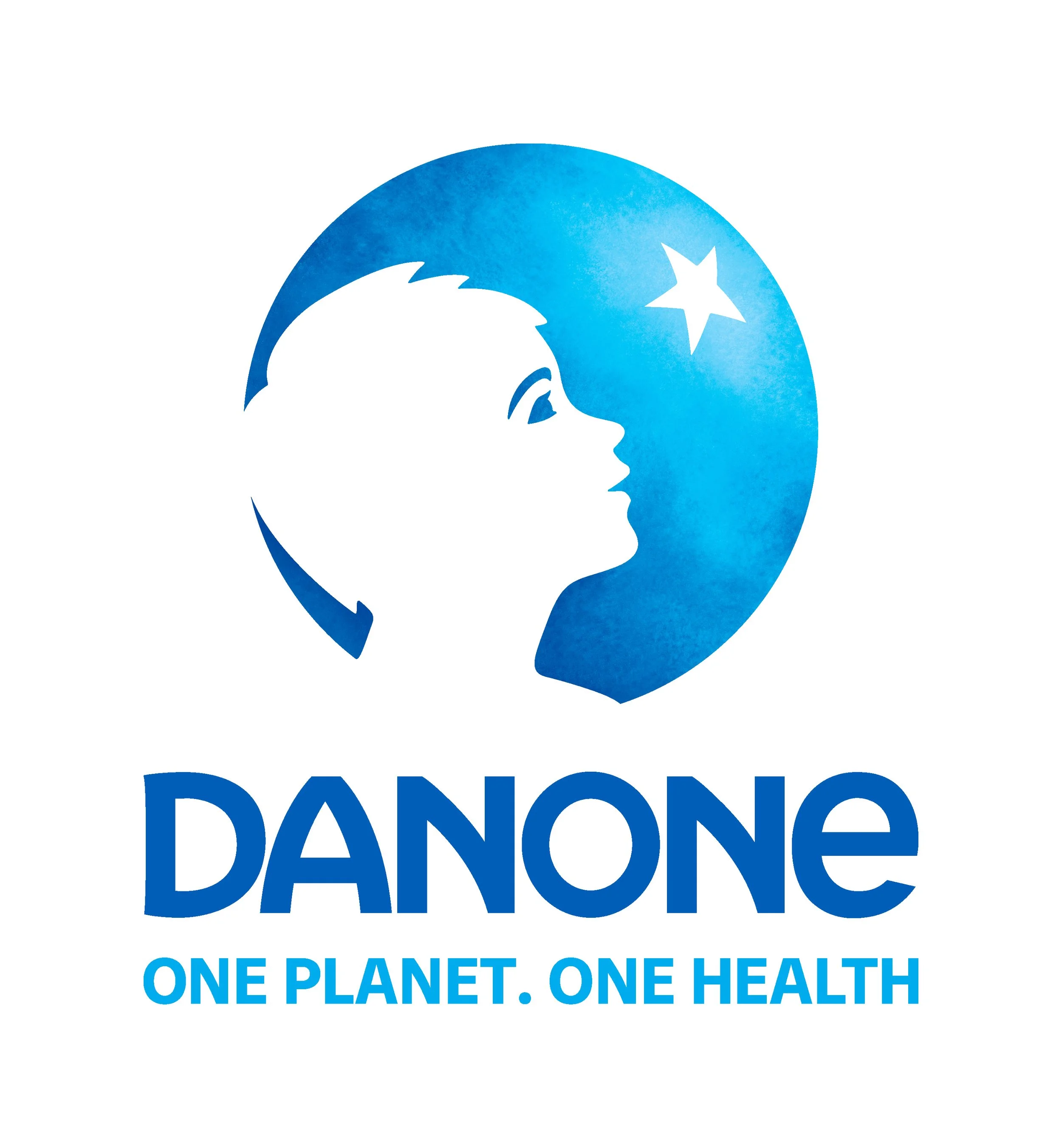 Logo of Danone featuring a white silhouette of a child's face inside a blue circle with a star, accompanied by the tagline 'One Planet. One Health'.