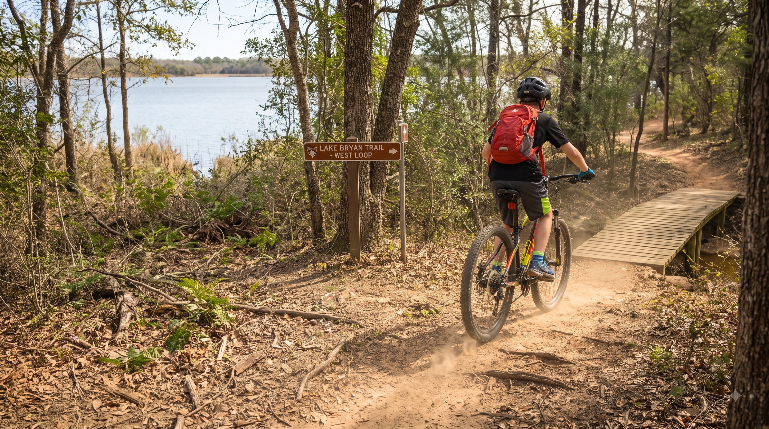 AI image of middle schooler riding a mountain bike at Lake Bryan mountain bike trails