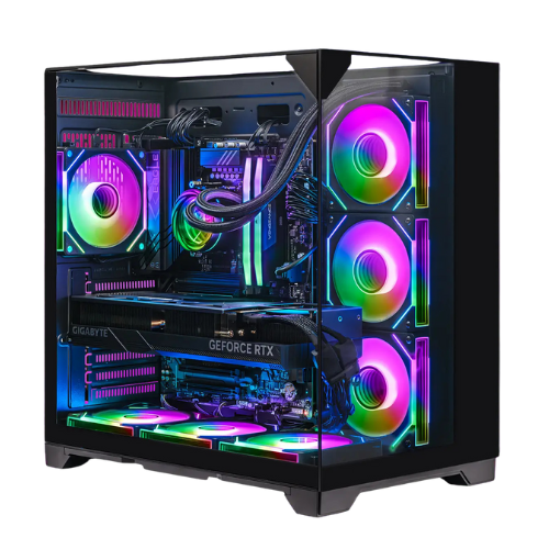 Gaming computer tower with transparent side panel, RGB fans, and a GeForce RTX graphics card inside.