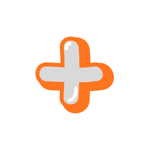 Plus sign icon with a white plus symbol outlined in orange on a black background.