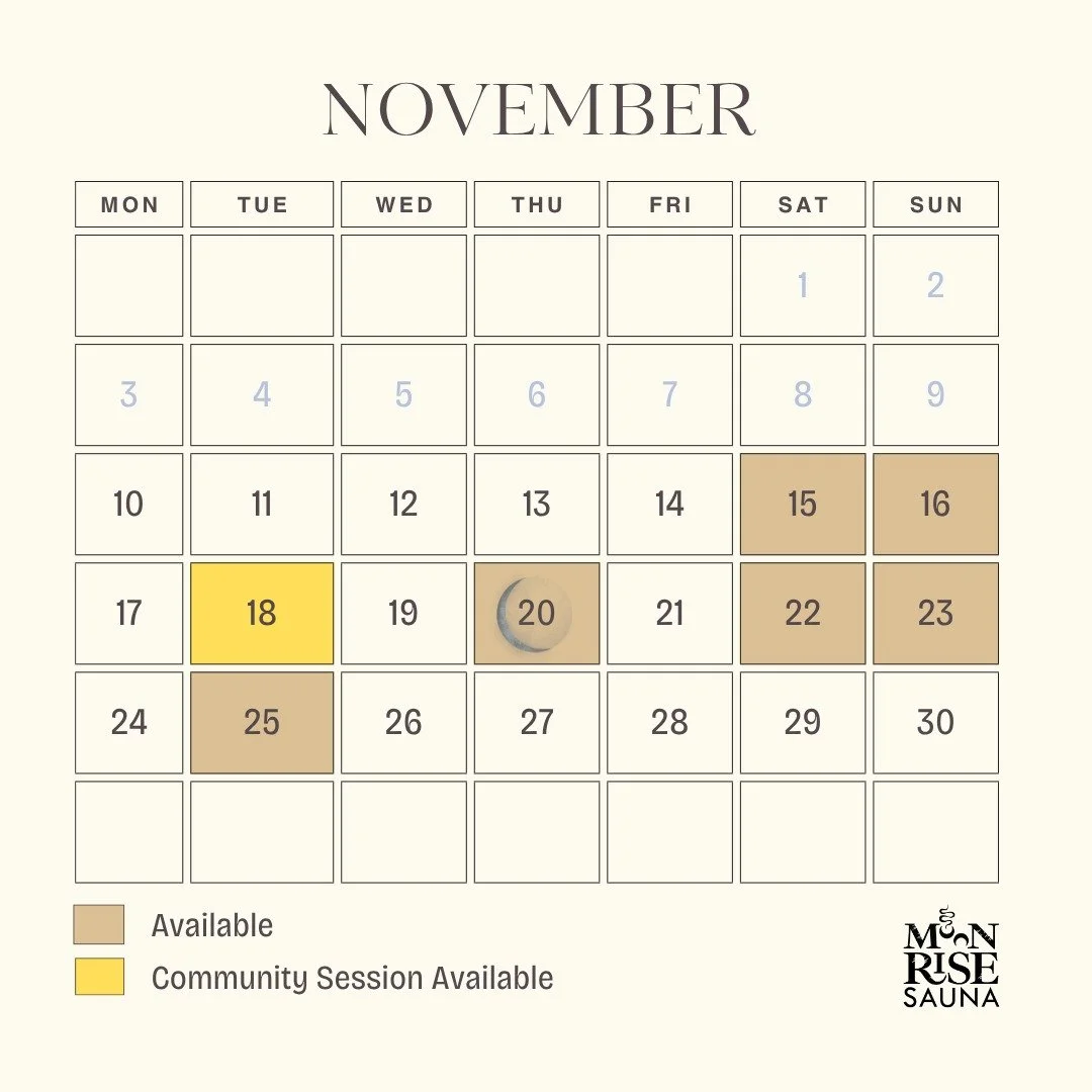 A monthly view of our calendar for Nov and Dec so you can plan accordingly! We've got full moon and new moon nights, community sessions (sliding scale!!), and most weekends available all the way into Christmas. Weeknights we run 3 sessions 5:30, 6:45