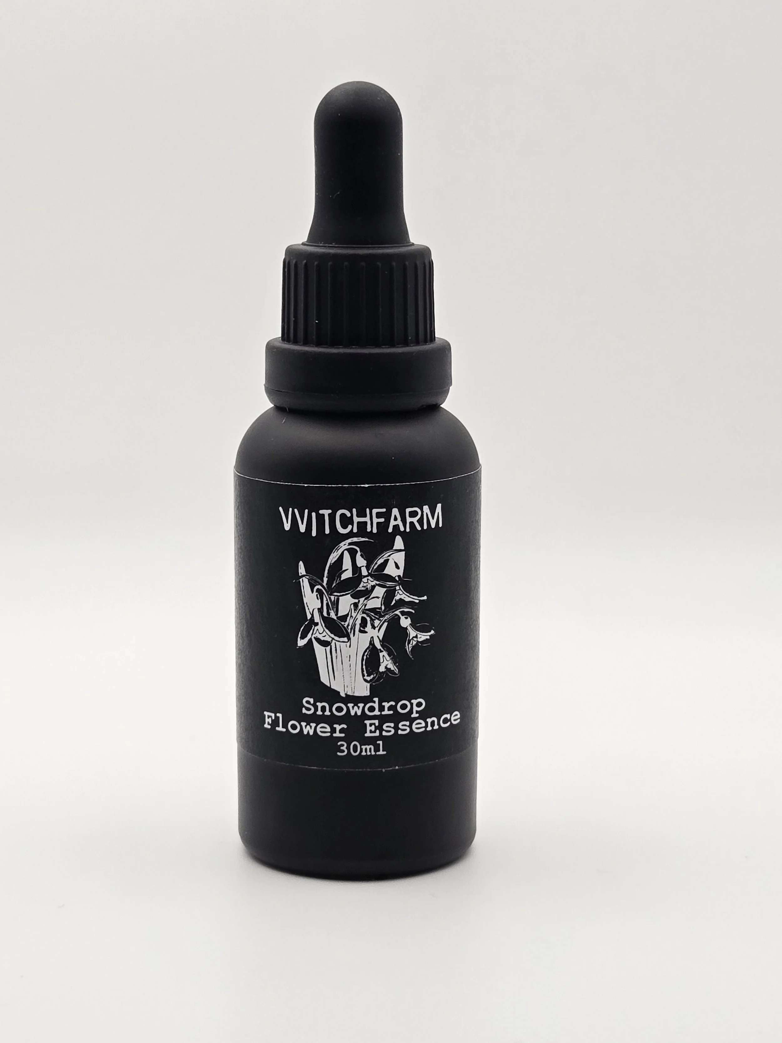 Black bottle labeled 'VVITCHFARM Snowdrop Flower Essence, 30ml' with a dropper cap, against a white background.