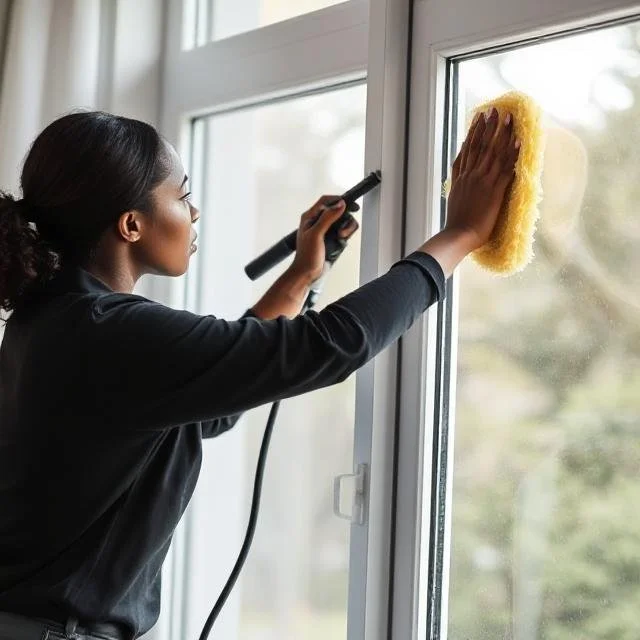 Woman cleaning a window with a yellow sponge.