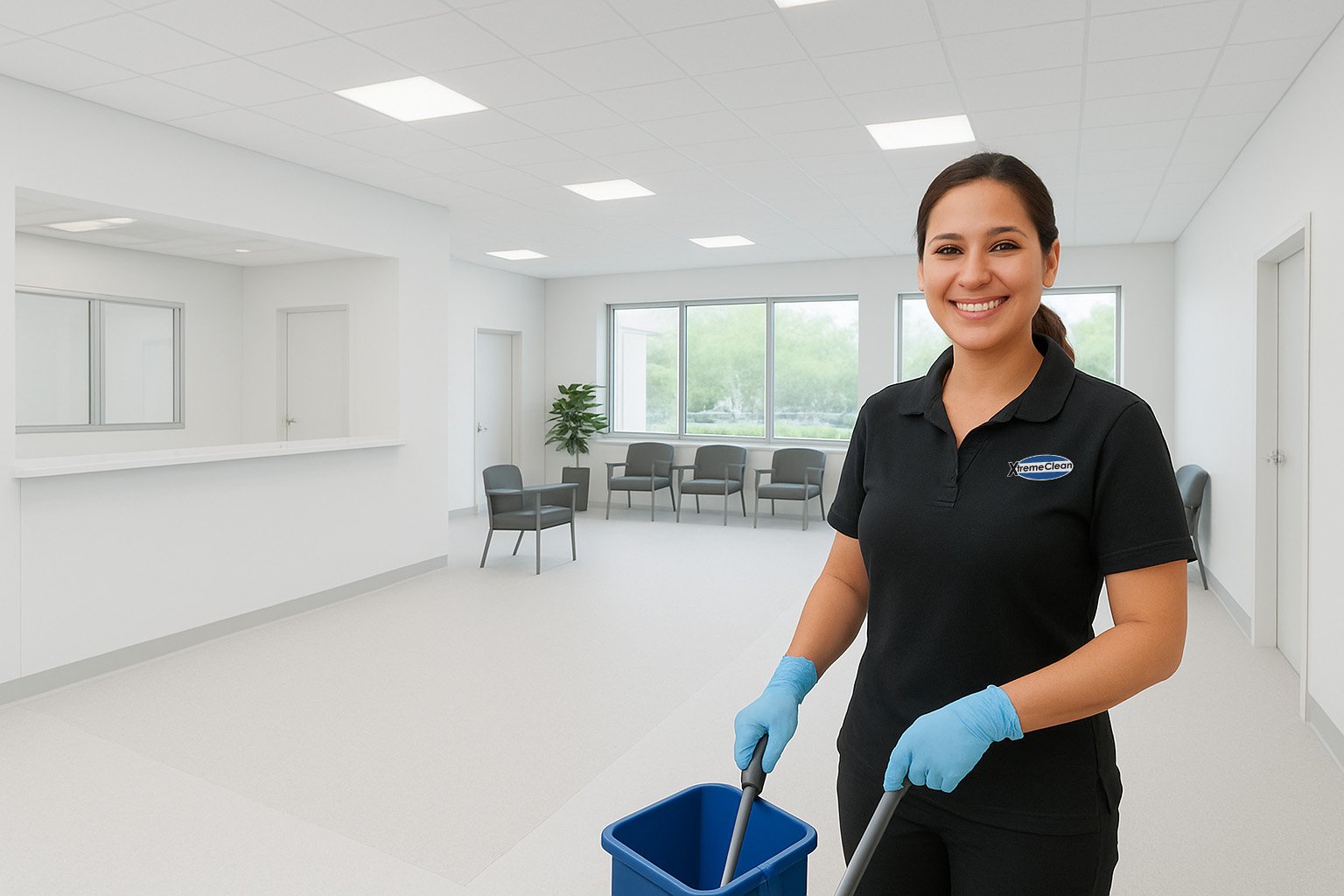 A smiling woman in a black uniform and blue gloves holding cleaning tools in an empty waiting room with chairs and large windows