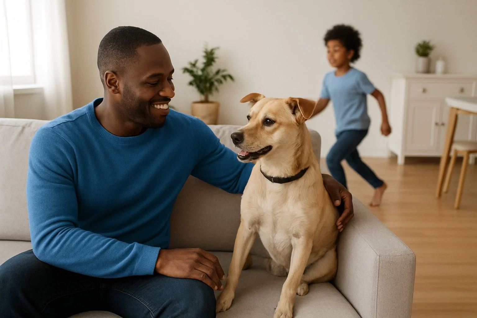 A smiling man in a blue shirt sitting on a gray sofa with a yellow Labrador retriever. A young boy in a blue shirt and jeans playing in the background.