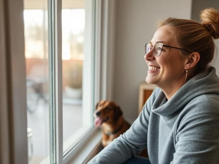 A smiling woman with glasses and earrings, sitting by a window with a dog in the background
