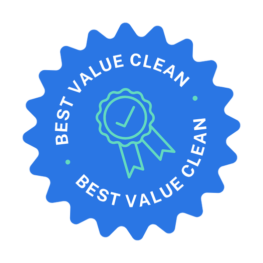 Blue badge with the words "Best Value Clean" and "Best Value Clean" written around a checkmark inside a ribbon.