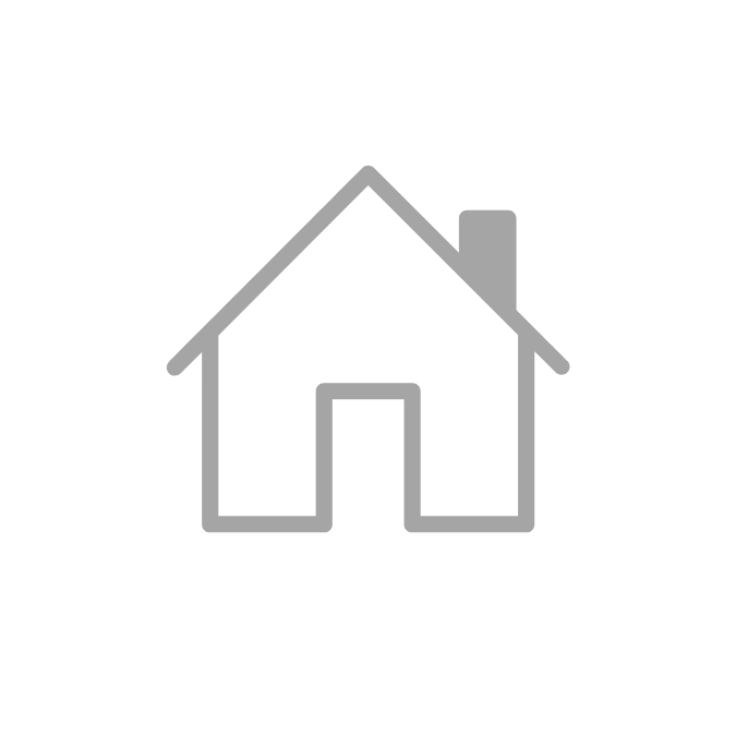 Gray house icon with a chimney on a black background.