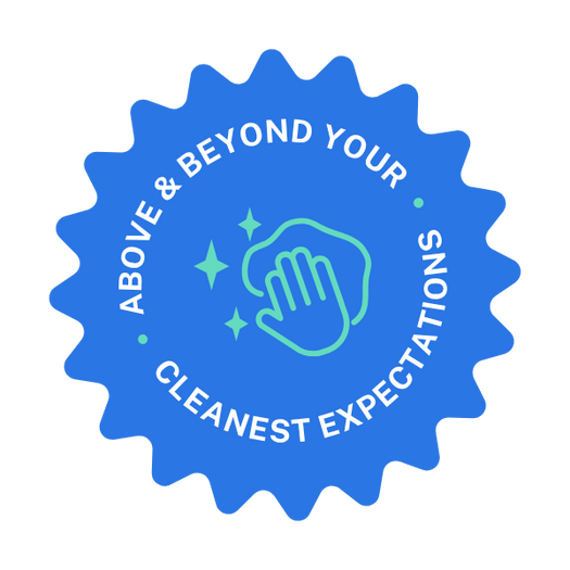 Blue badge with white text that reads 'Above & Beyond Your Cleanest Expectations' and an icon of a hand wiping with a cloth along with sparkles.