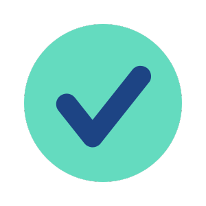 A teal circle with a dark blue checkmark inside it.
